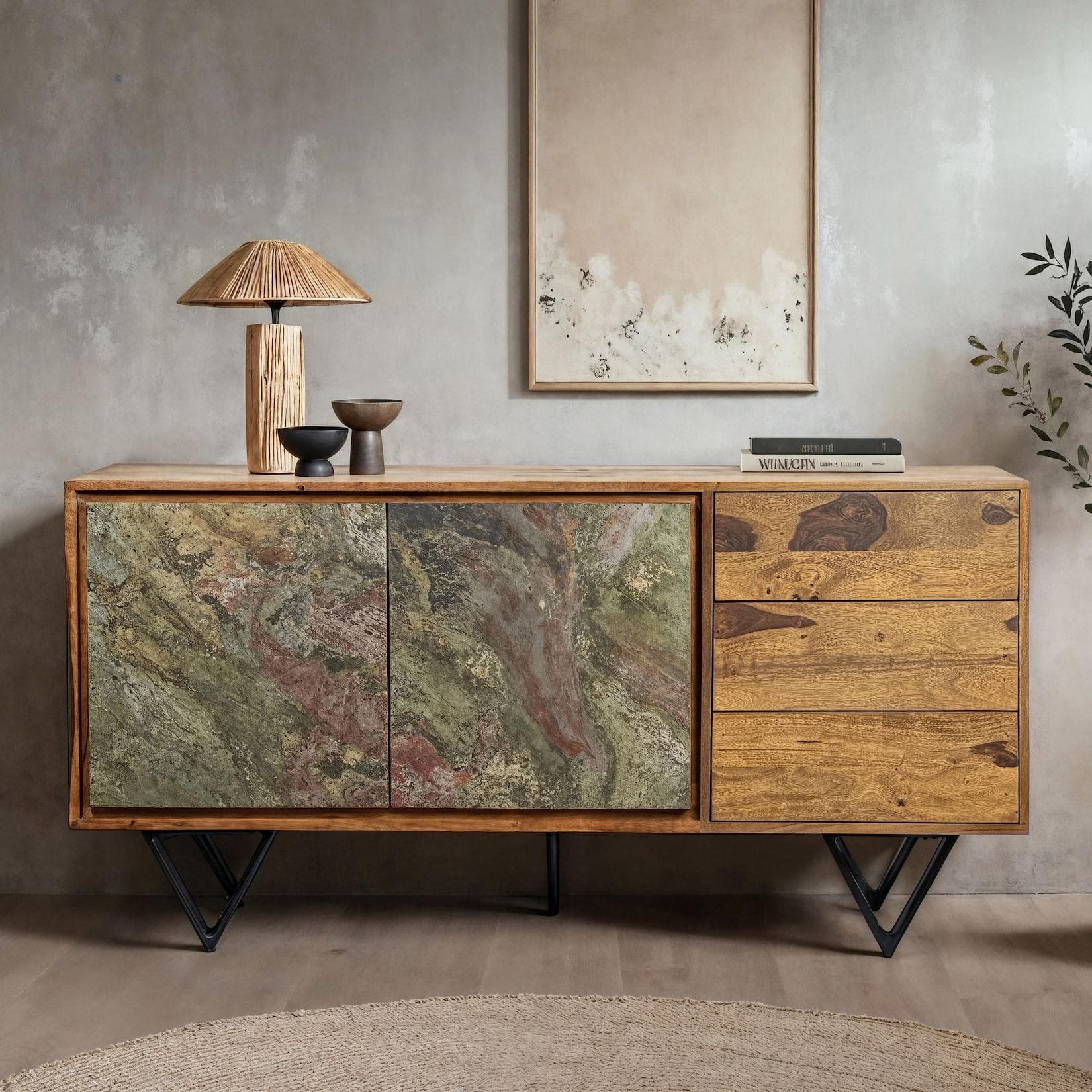 FineBuy Sideboard Sheesham Massivholz 150 cm Steinoptik