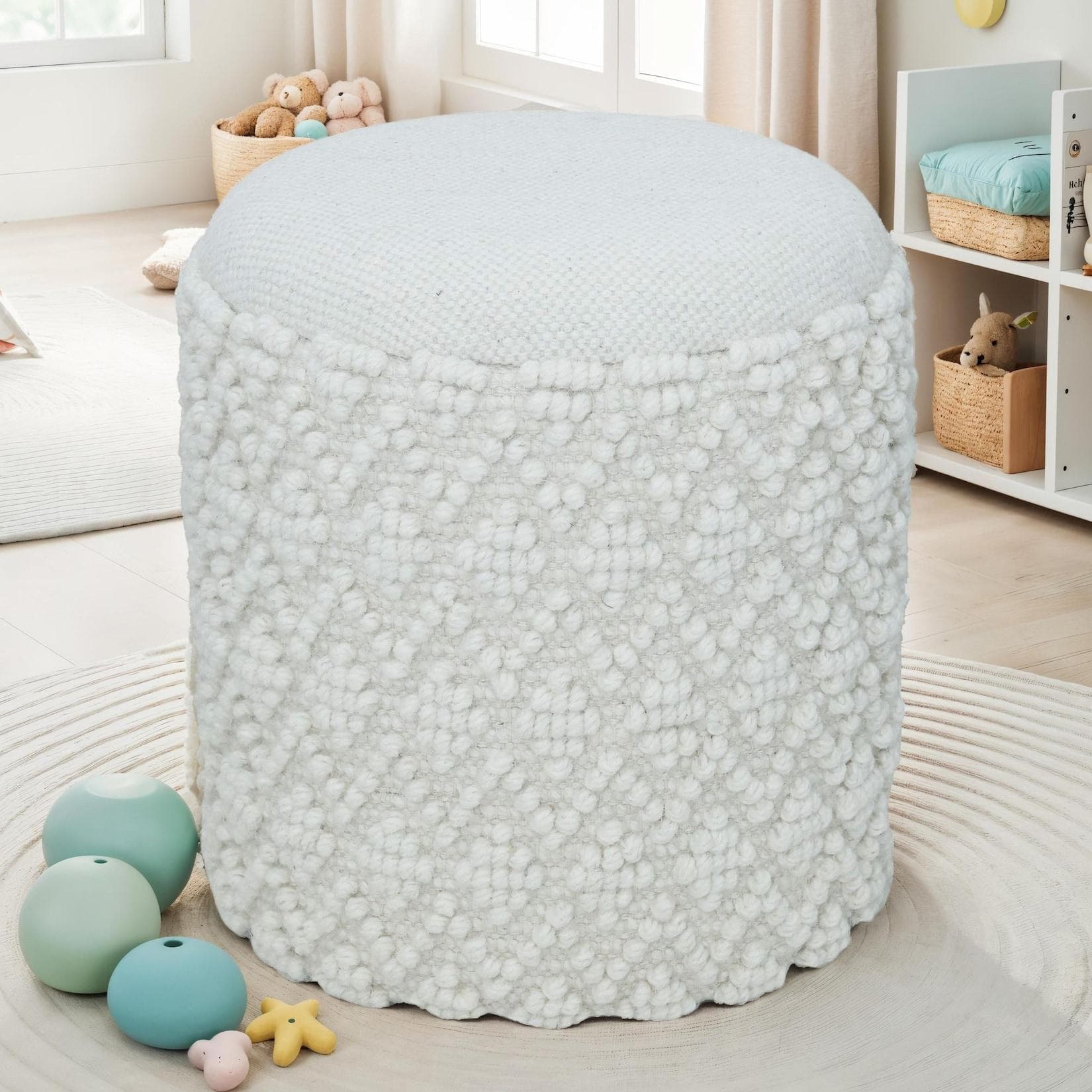 FineBuy Runder Hocker mit Stauraum Wolle Ø 40 cm Weiß Beistellhocker