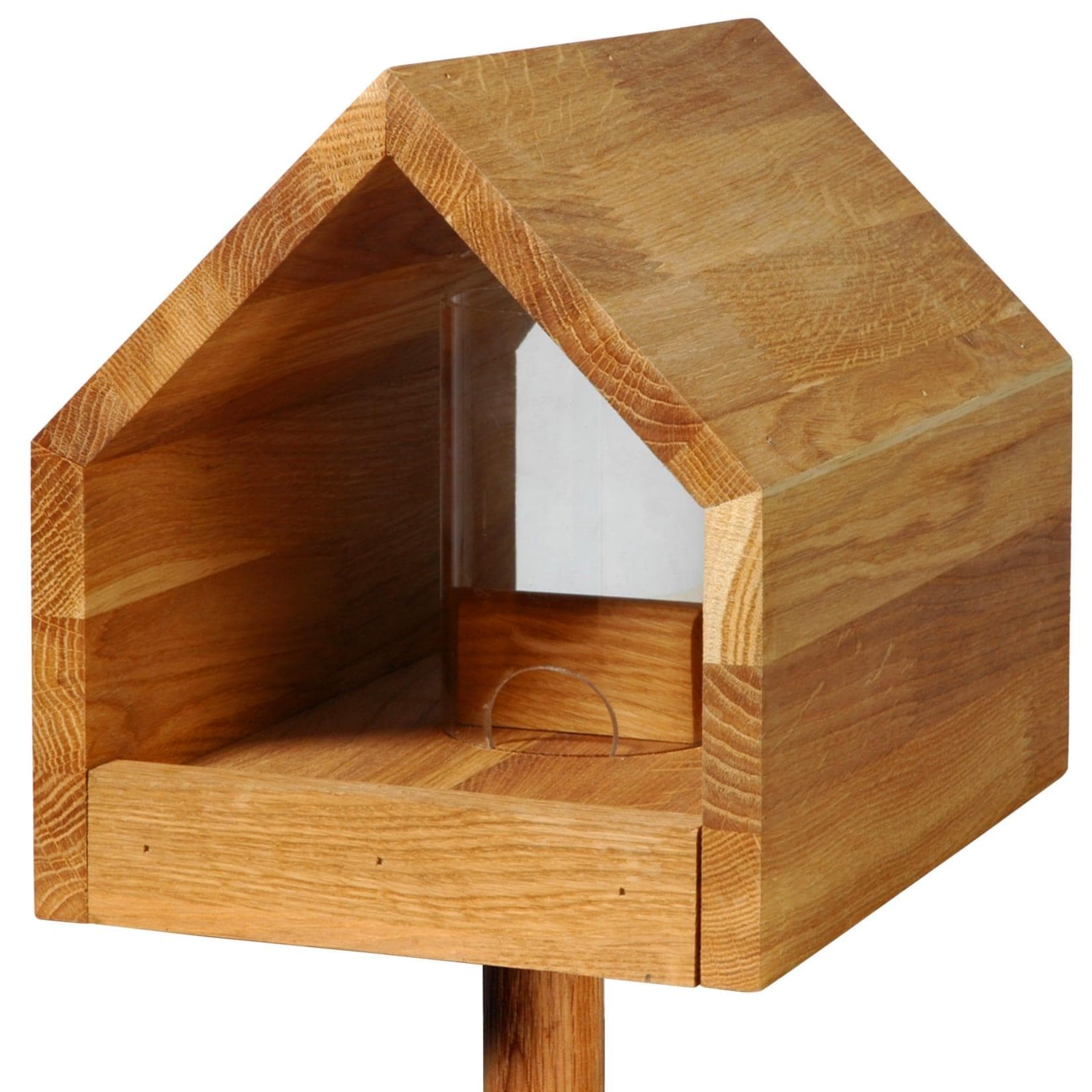 LUXUS-VOGELHAUS Futterhaus aus Eichenholz mit Acrylglassilo und Kordel
