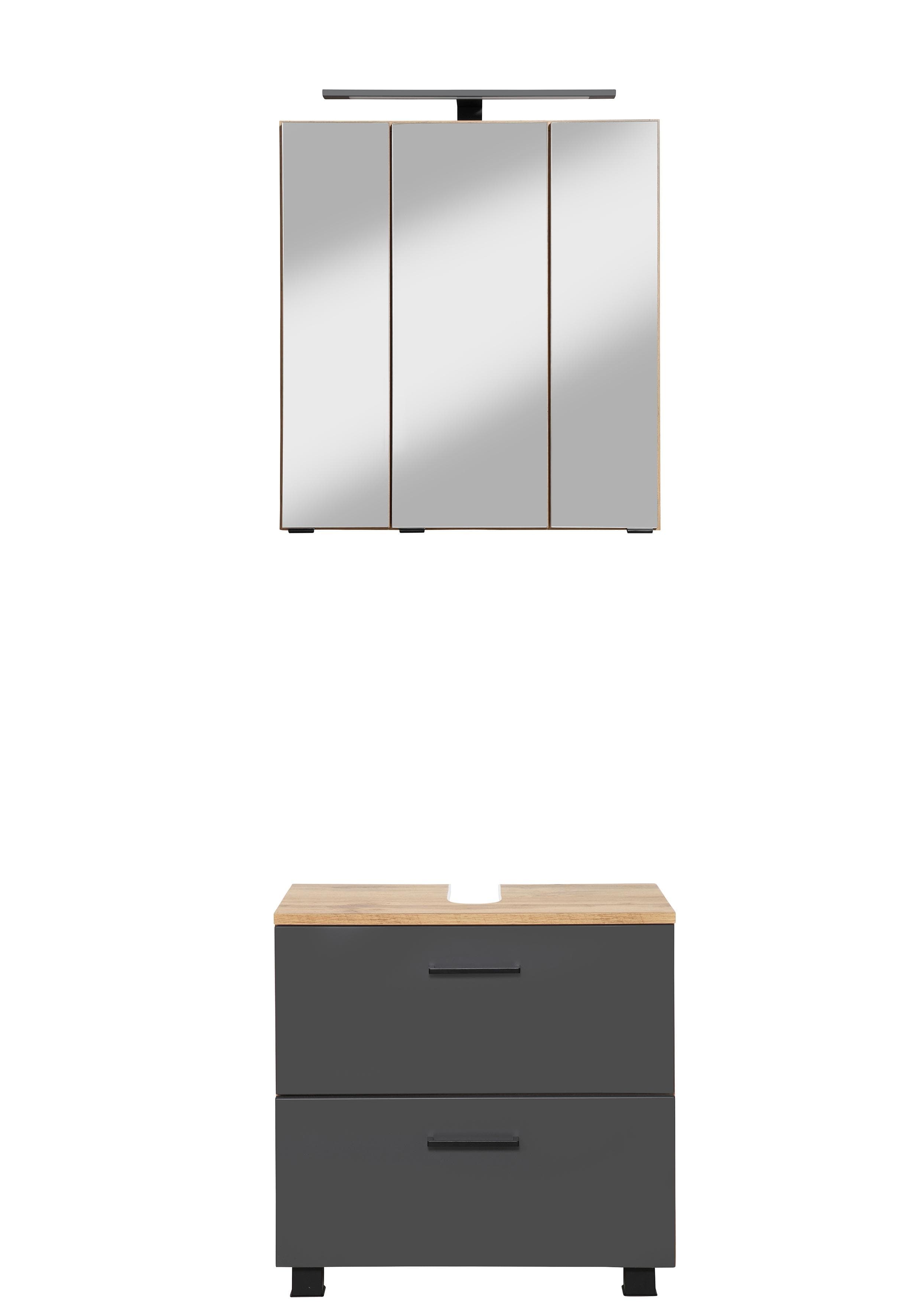 Badezimmer-Set mit Waschbeckenunterschrank & beleuchtetem Spiegelschrank