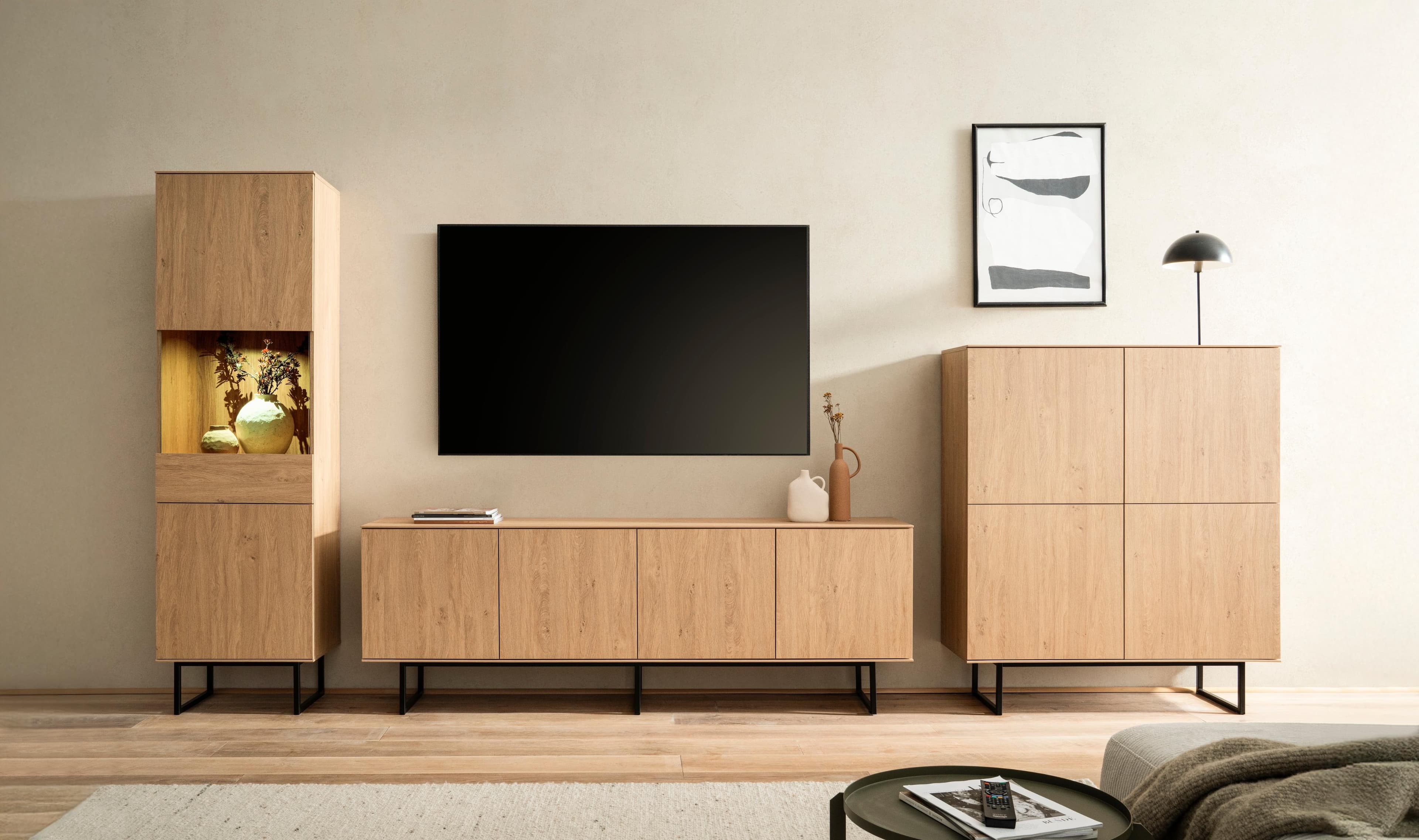 Home Affaire Wohnwand Lund, moderne Anbauwand, Wohnzimmer-Set in Stone Oak