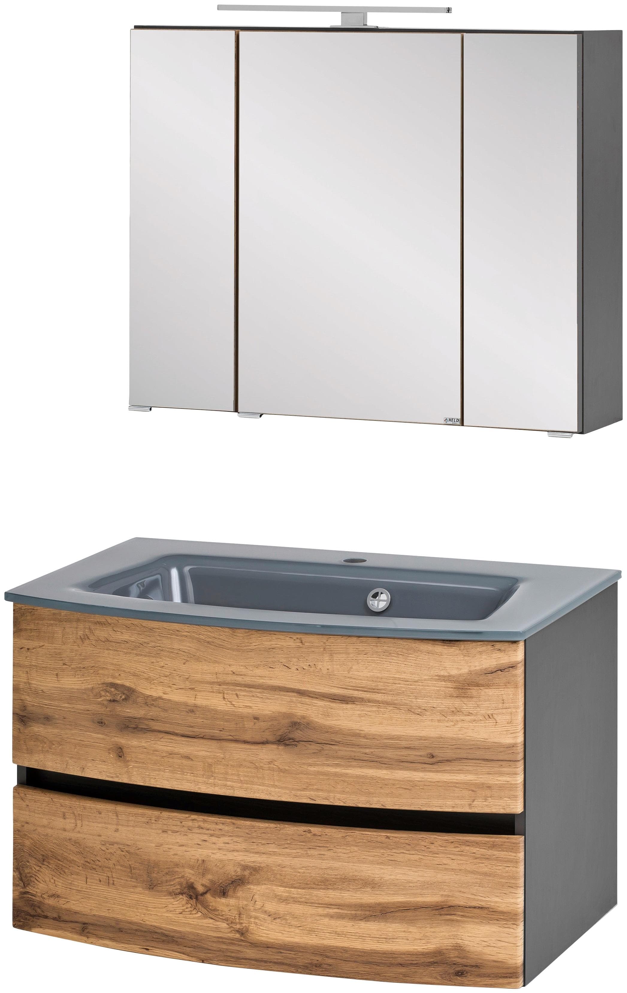 Welltime Waschtisch-Set Kaunas Grau Wotaneiche Soft-Close-Funktion