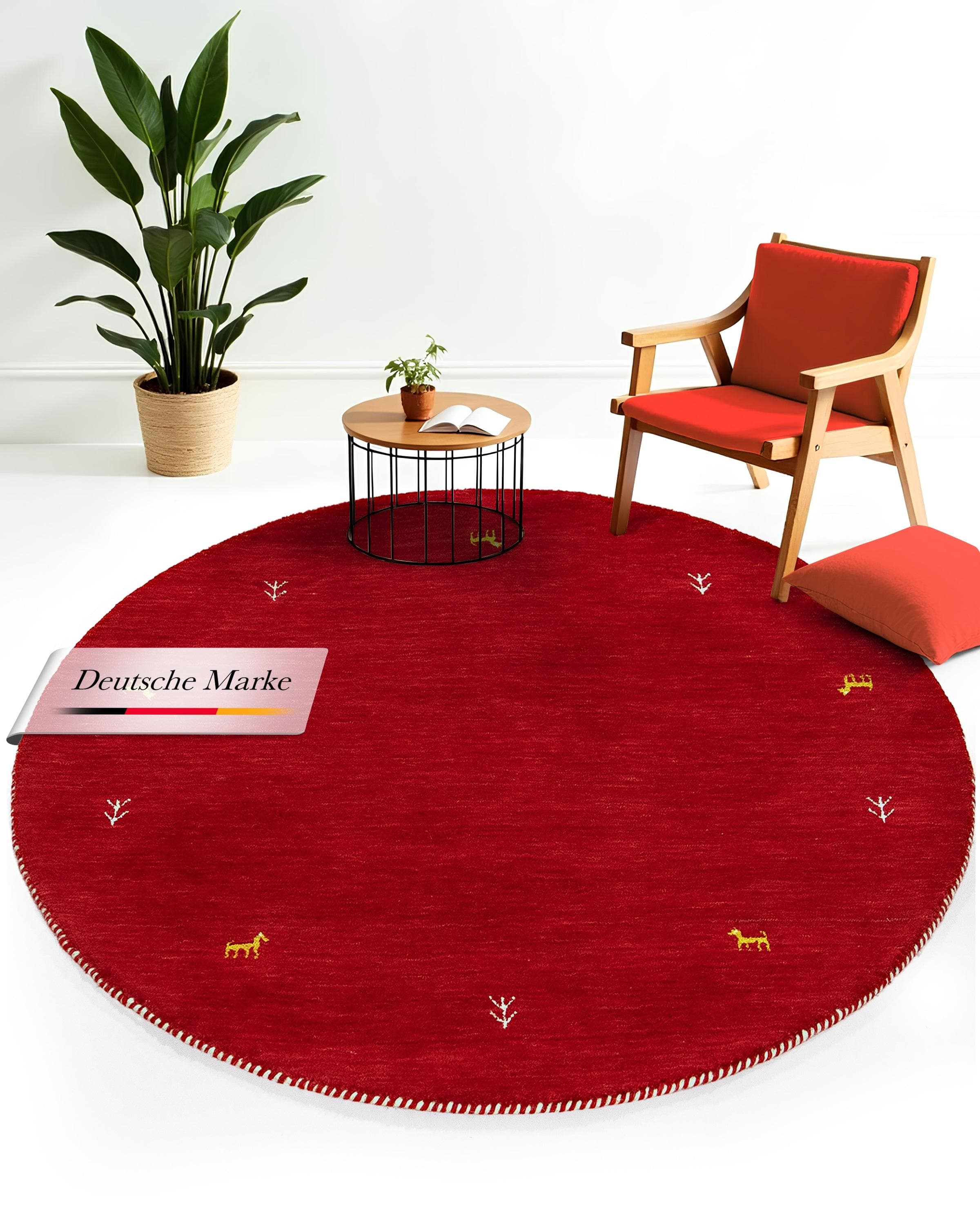 CARPETFINE Gabbeh Uni Wollteppich Rot Handgewebt Rund