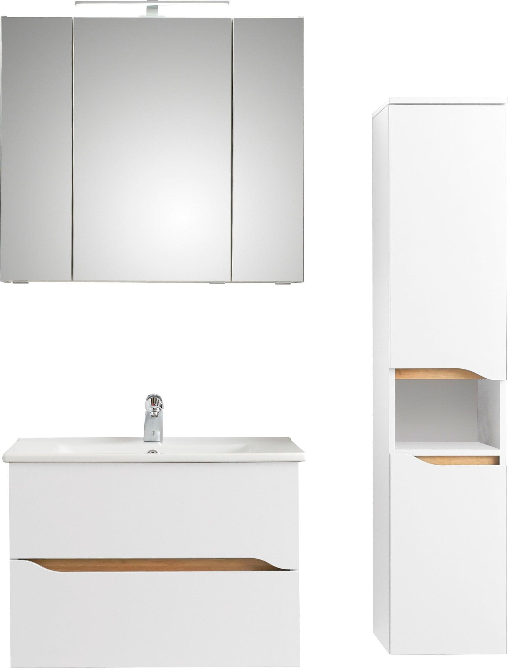 Badmöbel-Set SAPHIR "Quickset 3-teilig" Keramikwaschtisch mit LED-Spiegelschrank, weiß, Holzwerkstoff