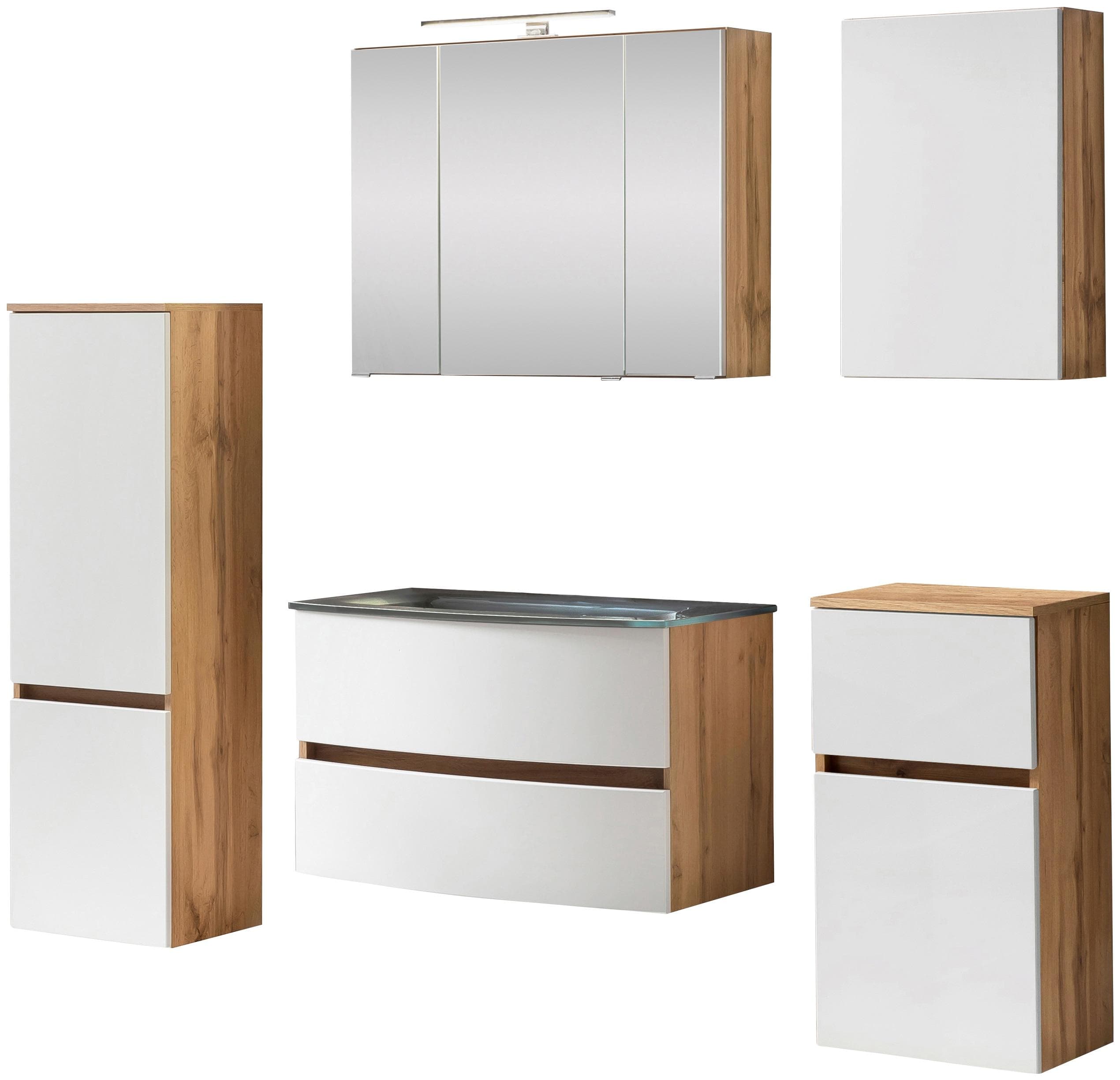 Welltime Badezimmer-Set Kaunas Matt Weiß Wotaneiche Waschtisch-Set Midischrank