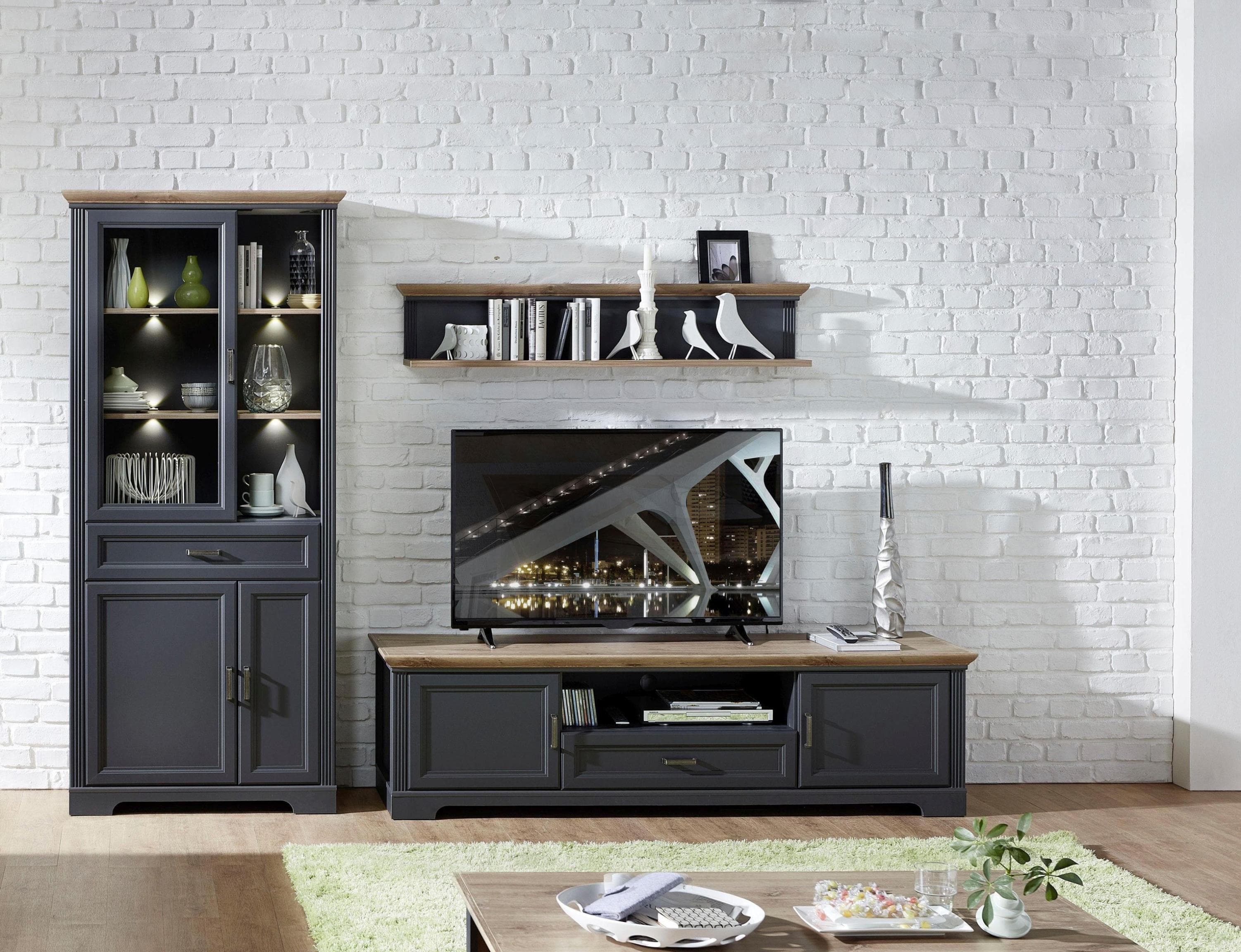 Innostyle Wohnwand Jasmin Grau/Eiche Holzwerkstoff LED-Beleuchtung