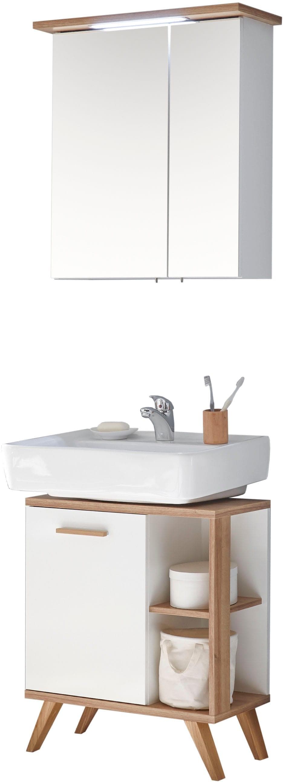 Badmöbel-Set SAPHIR Quickset 2-teilig mit LED-Spiegelschrank Weiß/Eiche