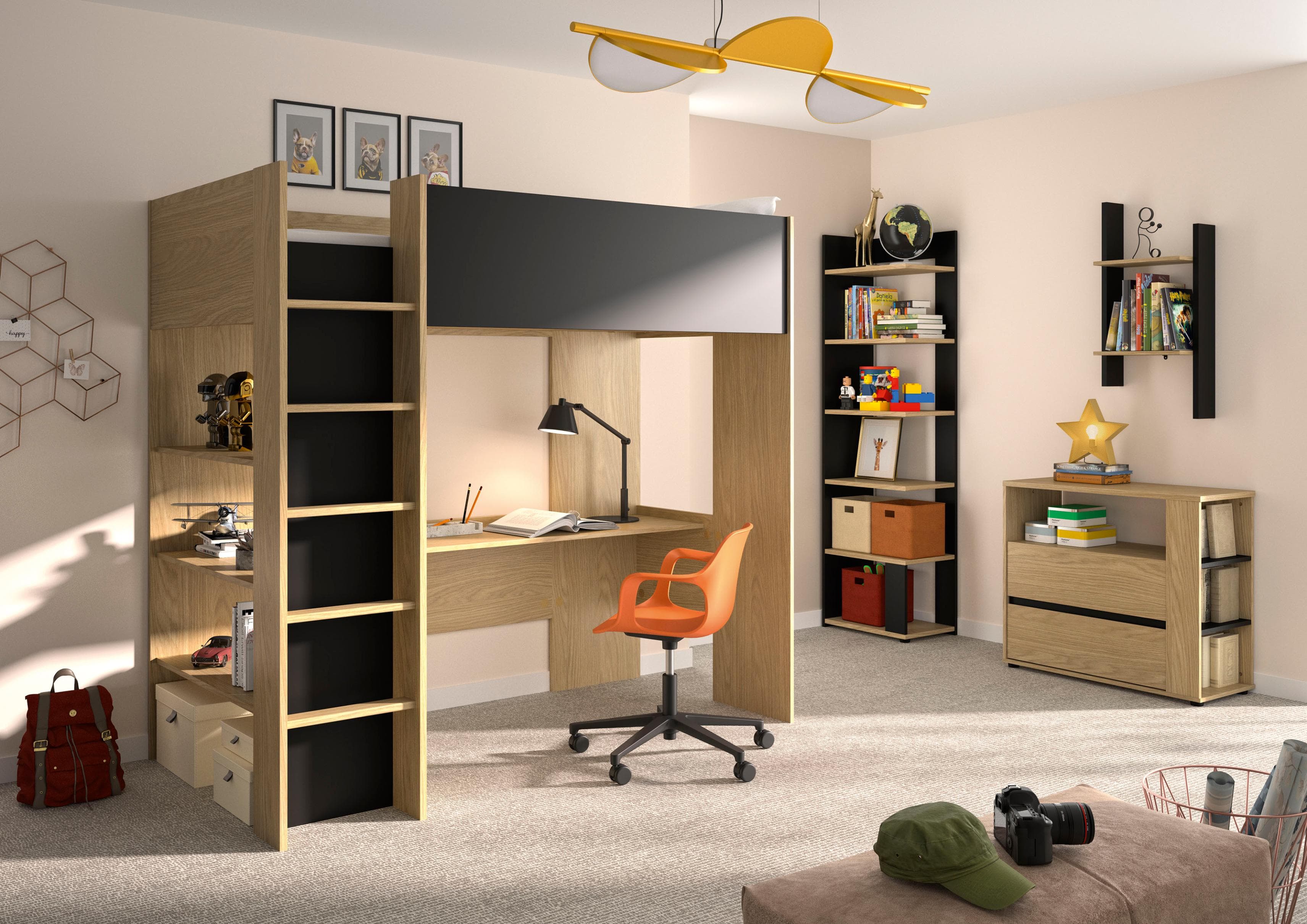 Schlafzimmer-Set GAMI Hochbett Kommode Bücherregal Wandregal Rockwood Eiche Schwarz