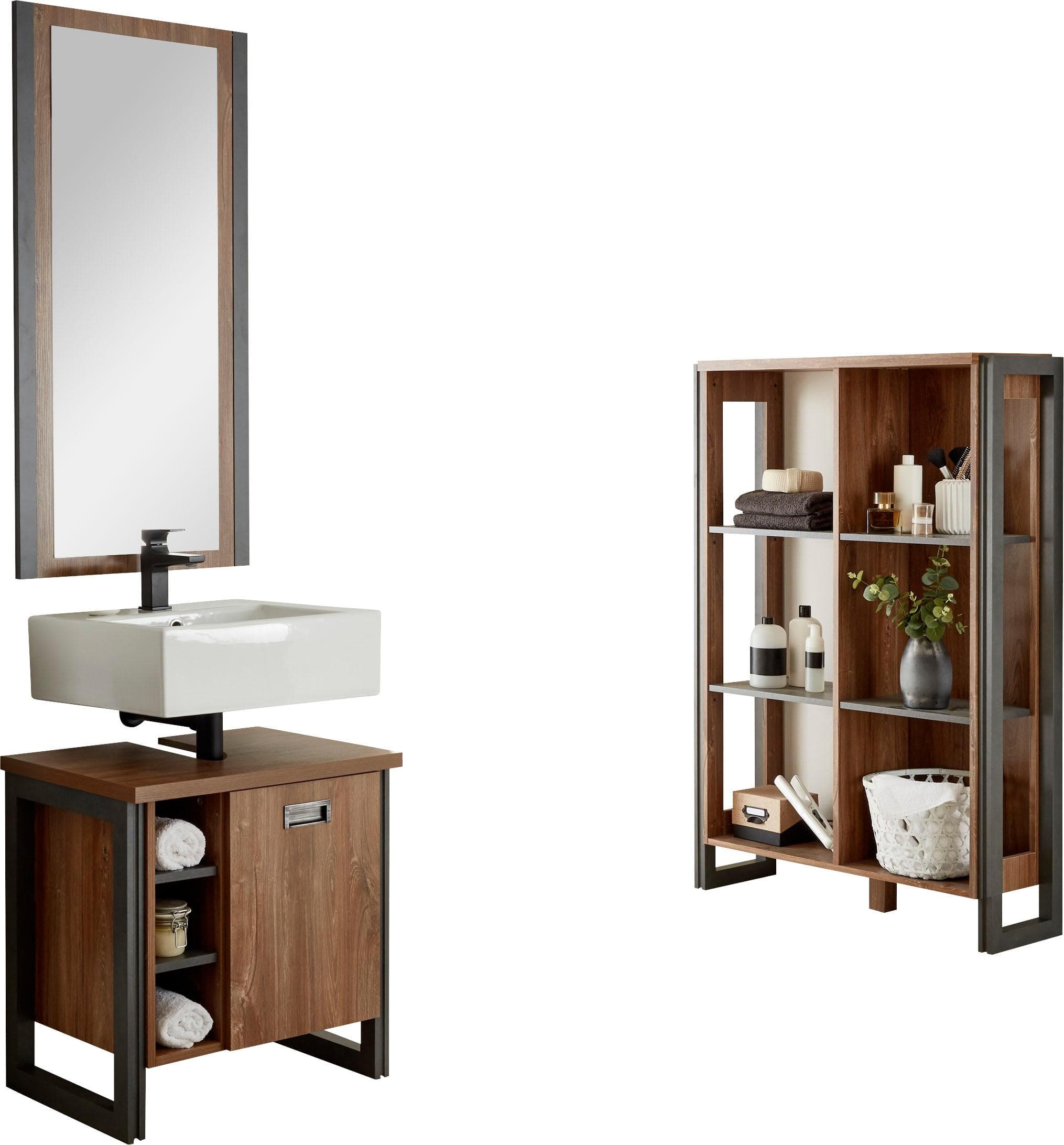 Badmöbel-Set im Industrialdesign aus Eiche, Schiefer und Holz