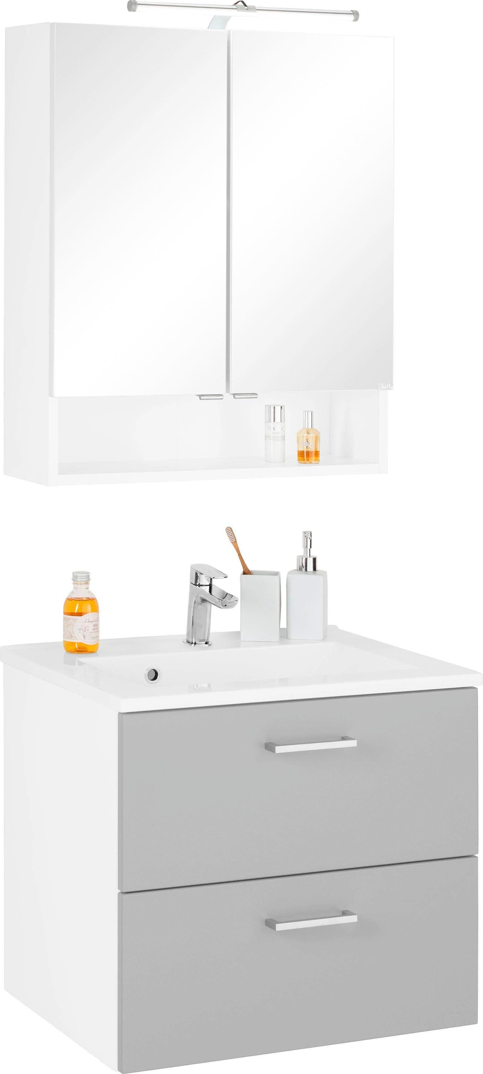 WELLTIME Badmöbel-Set Ribera Grau Weiß Spiegelschrank 60cm