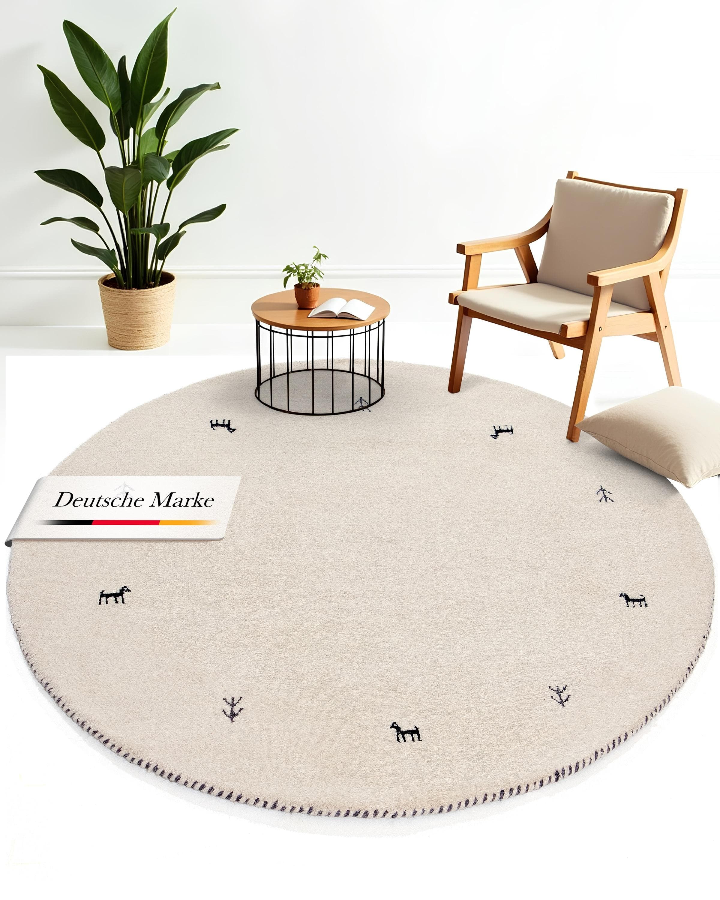 CARPETFINE Gabbeh Uni Wollteppich Weiß Handgewebt Rund