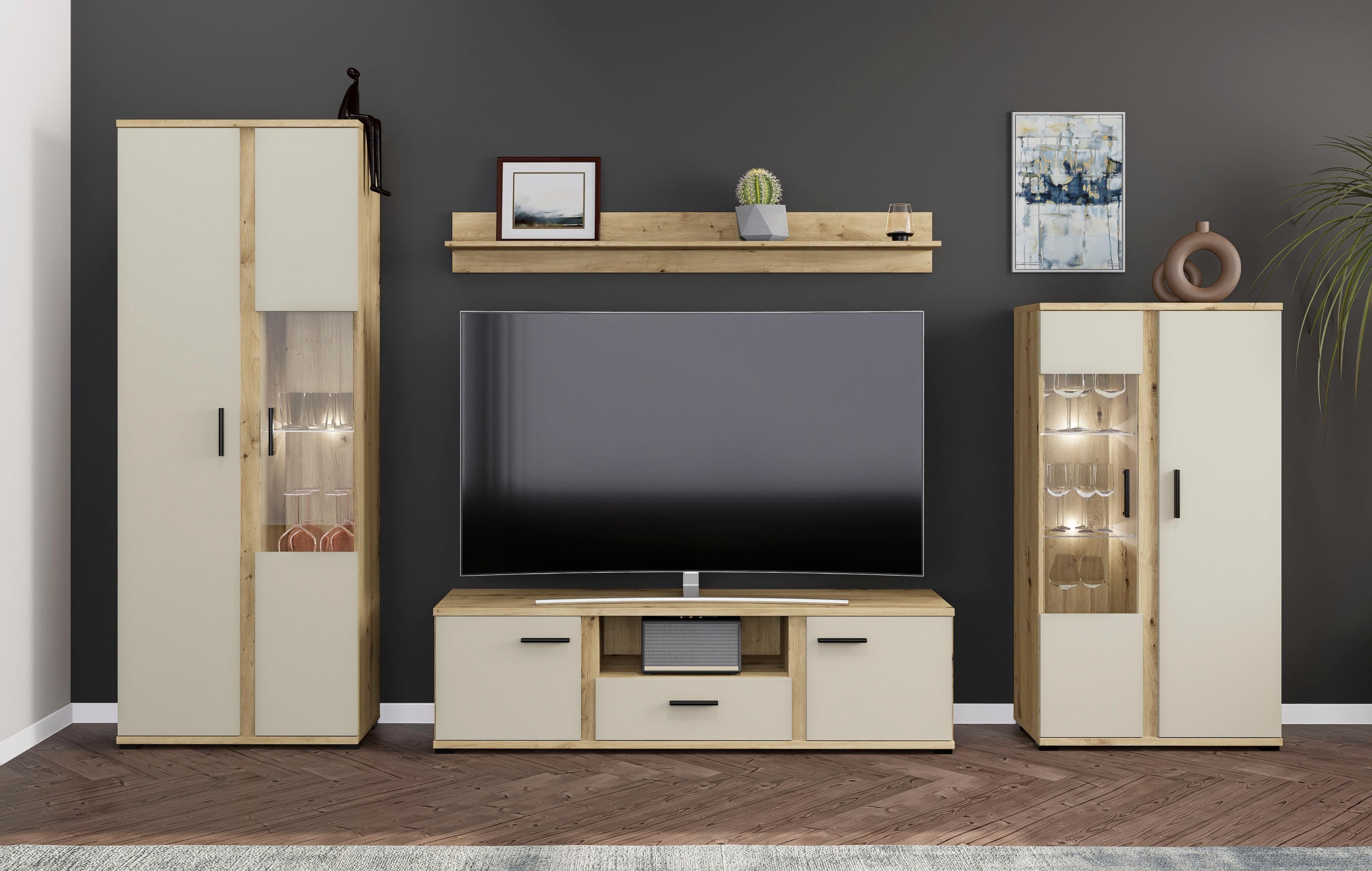 HBZ-MEBLE Wohnwand Kanada 4-tlg. Eiche/Kaschmir mit LED-Beleuchtung