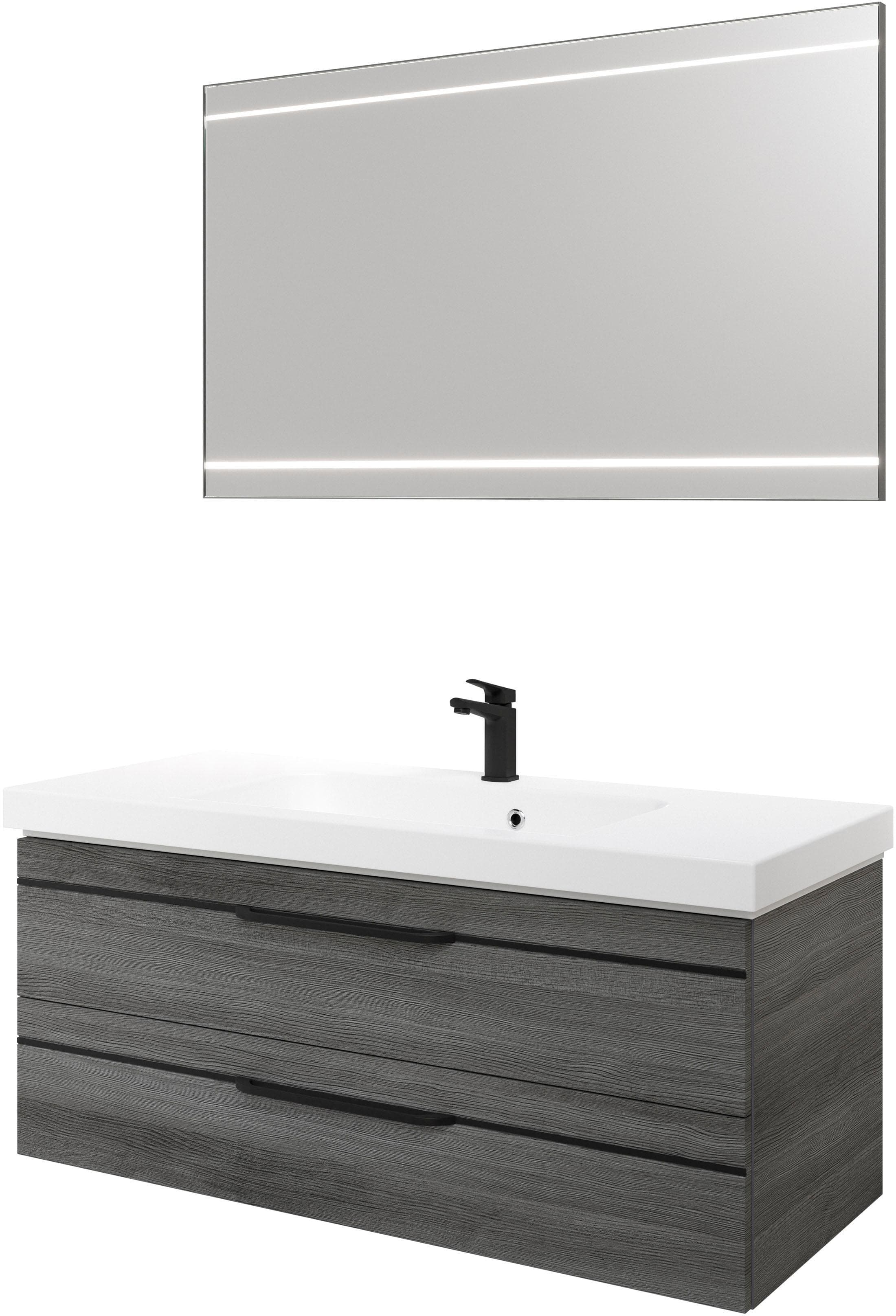 Badmöbel-Set SAPHIR "Balto" Mineralmarmor-Waschtisch mit LED-Spiegel, 123 cm breit, Graphit Struktur quer Nachbildung mit schwarzer Einlage