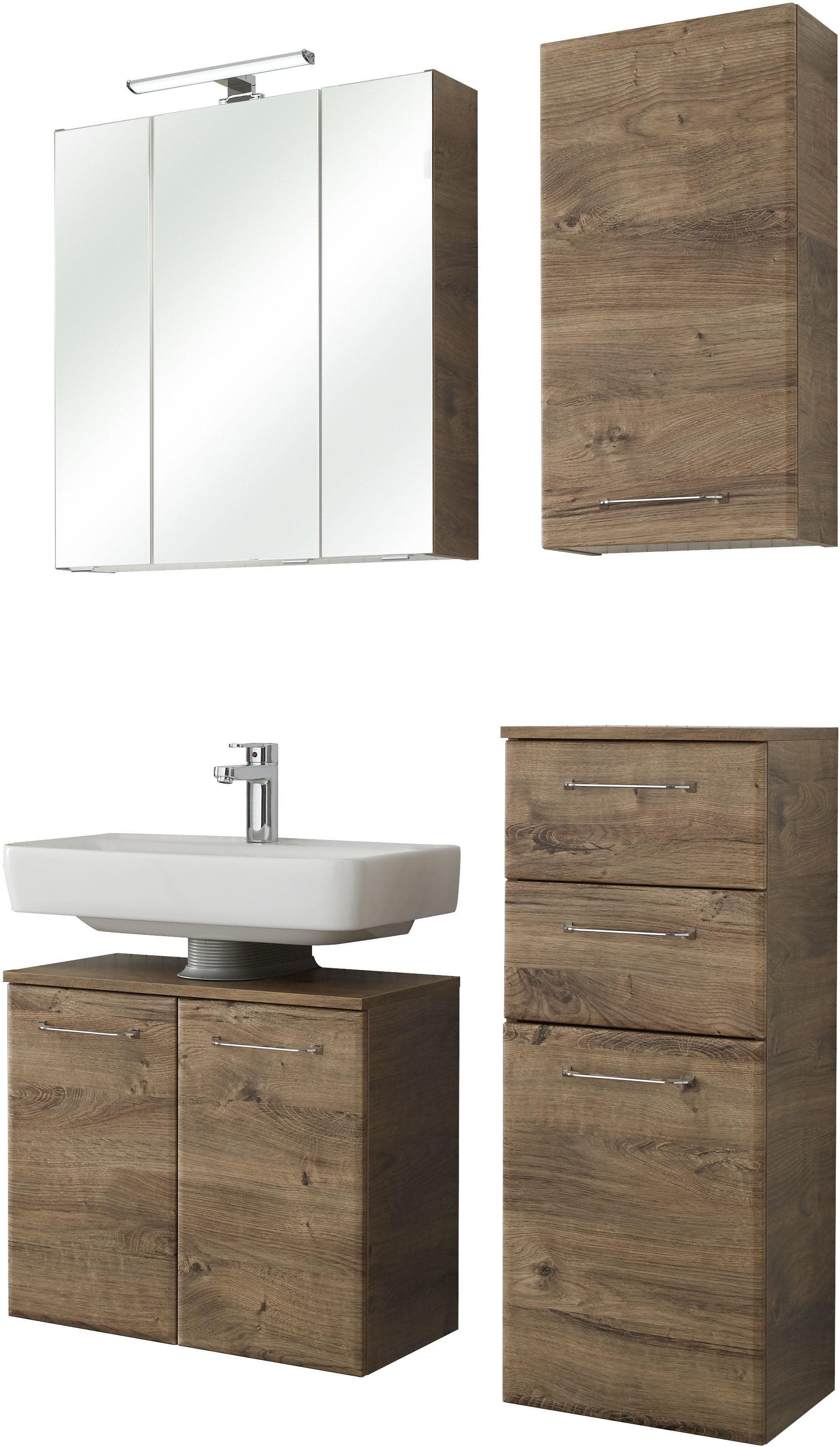 Badmöbel-Set SAPHIR "Quickset 943" 4-teilig, Glaswaschtisch und LED-Spiegelschrank, braun, Eiche Ribbeck quer Nachbildung, MDF, Spanplatte