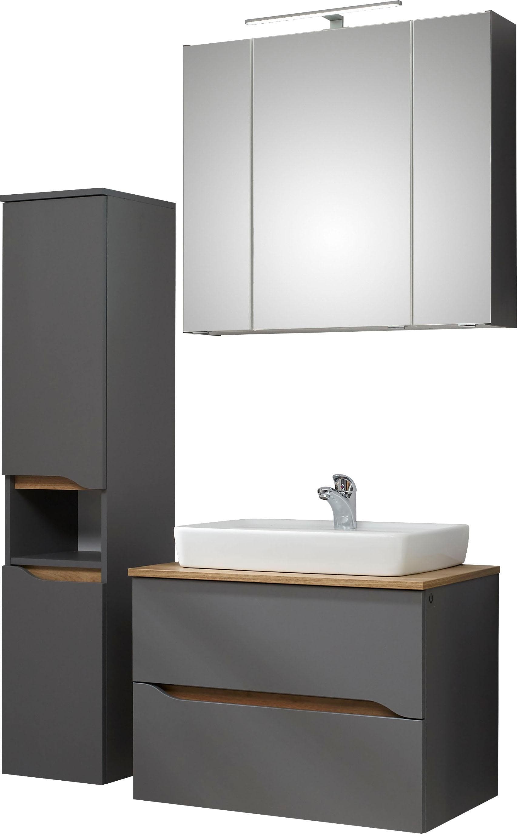 SAPHIR Quickset Badmöbel-Set 3-teilig mit LED-Spiegelschrank Grau