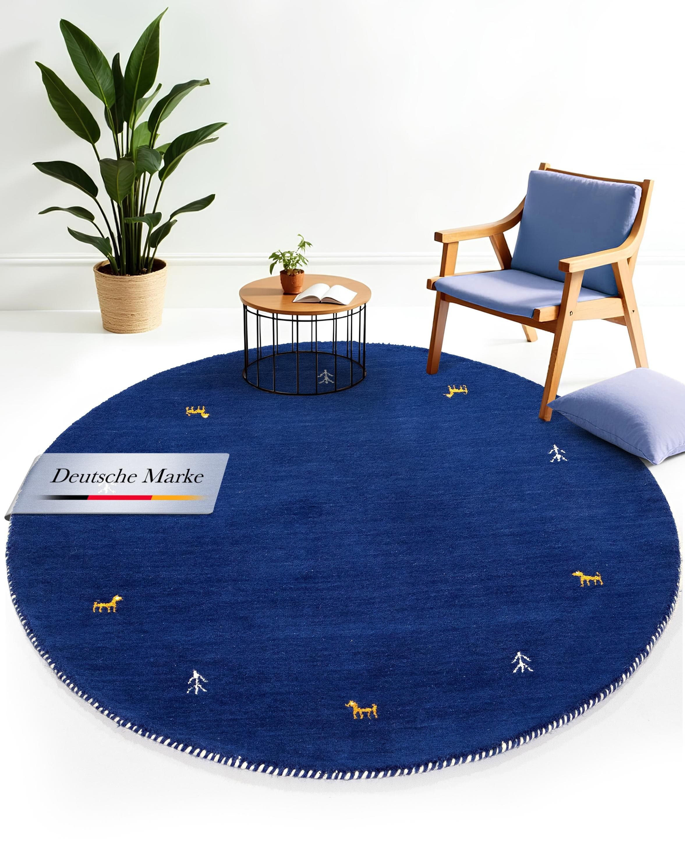 CARPETFINE Gabbeh Uni Wollteppich Blau Handgewebt Rund