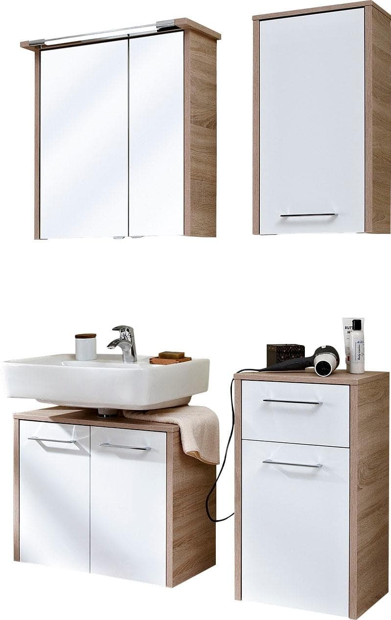 Badmöbel-Set SAPHIR Quickset 382 Weiß Hochglanz Eiche LED