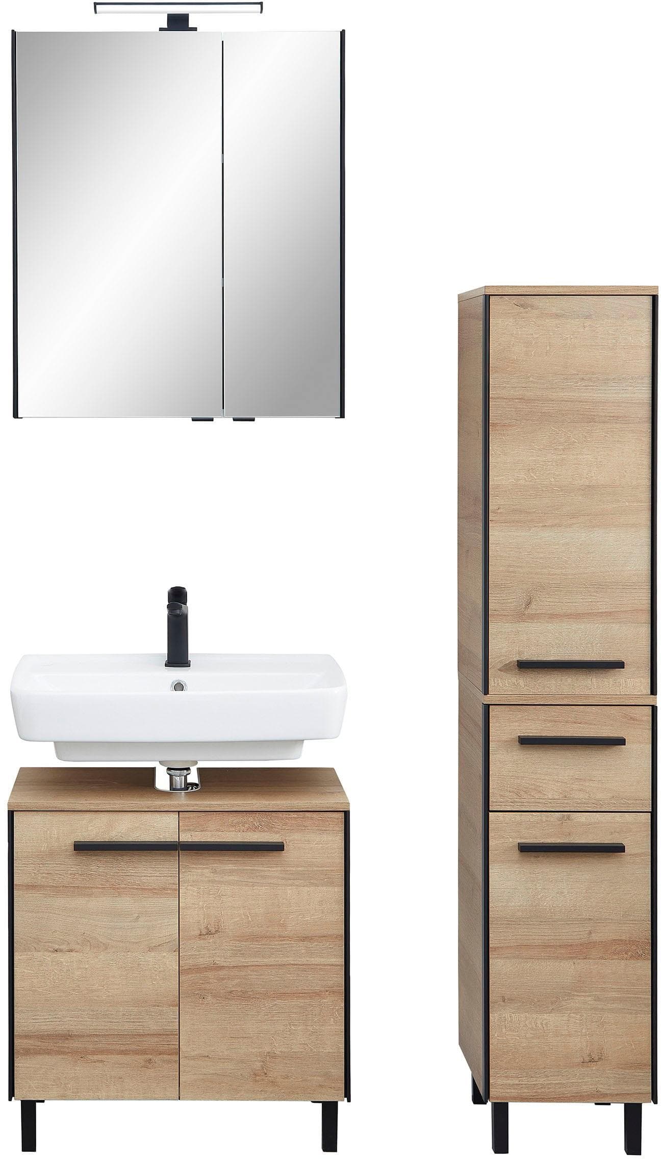 Saphir Badmöbel-Set Quickset 395 Holzoptik mit LED-Spiegelschrank