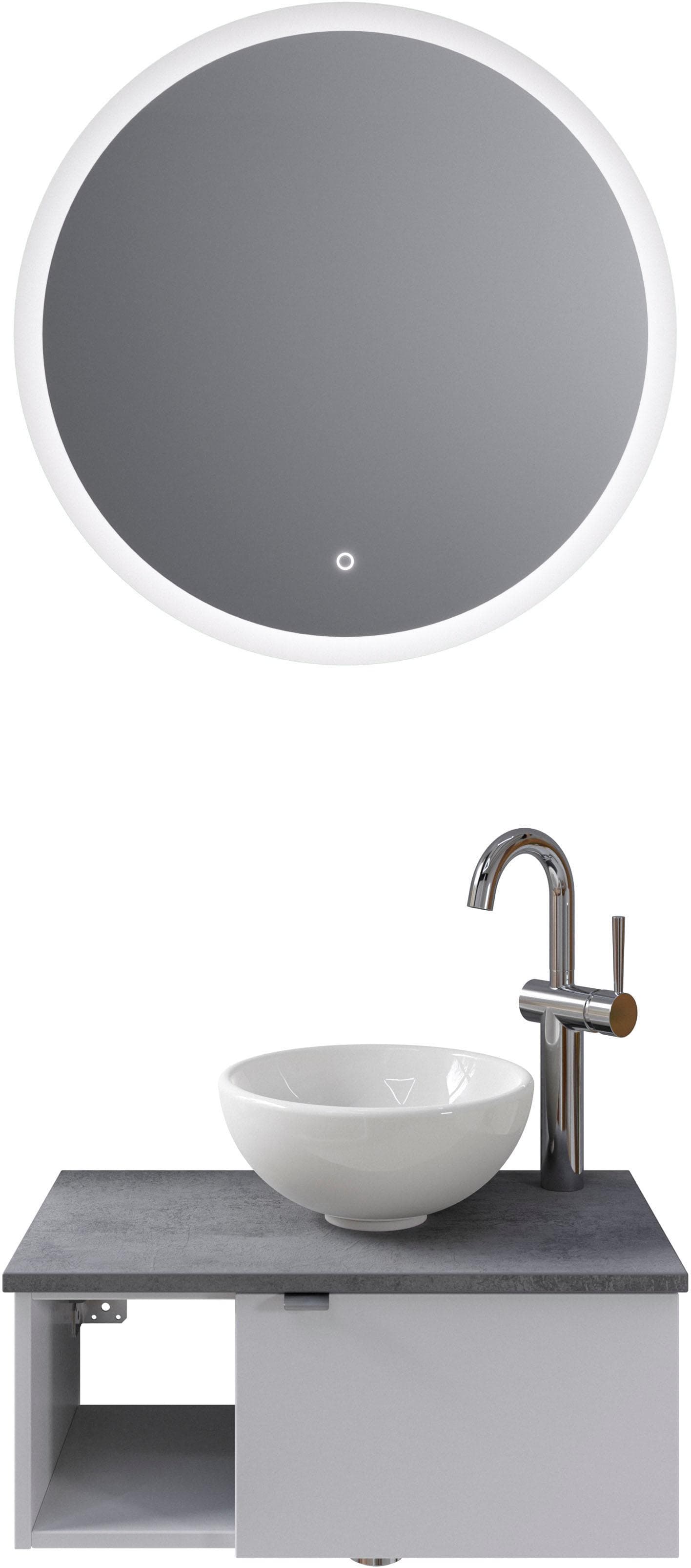 Badmöbel-Set 4-teilig mit LED-Spiegel und offener Ablage