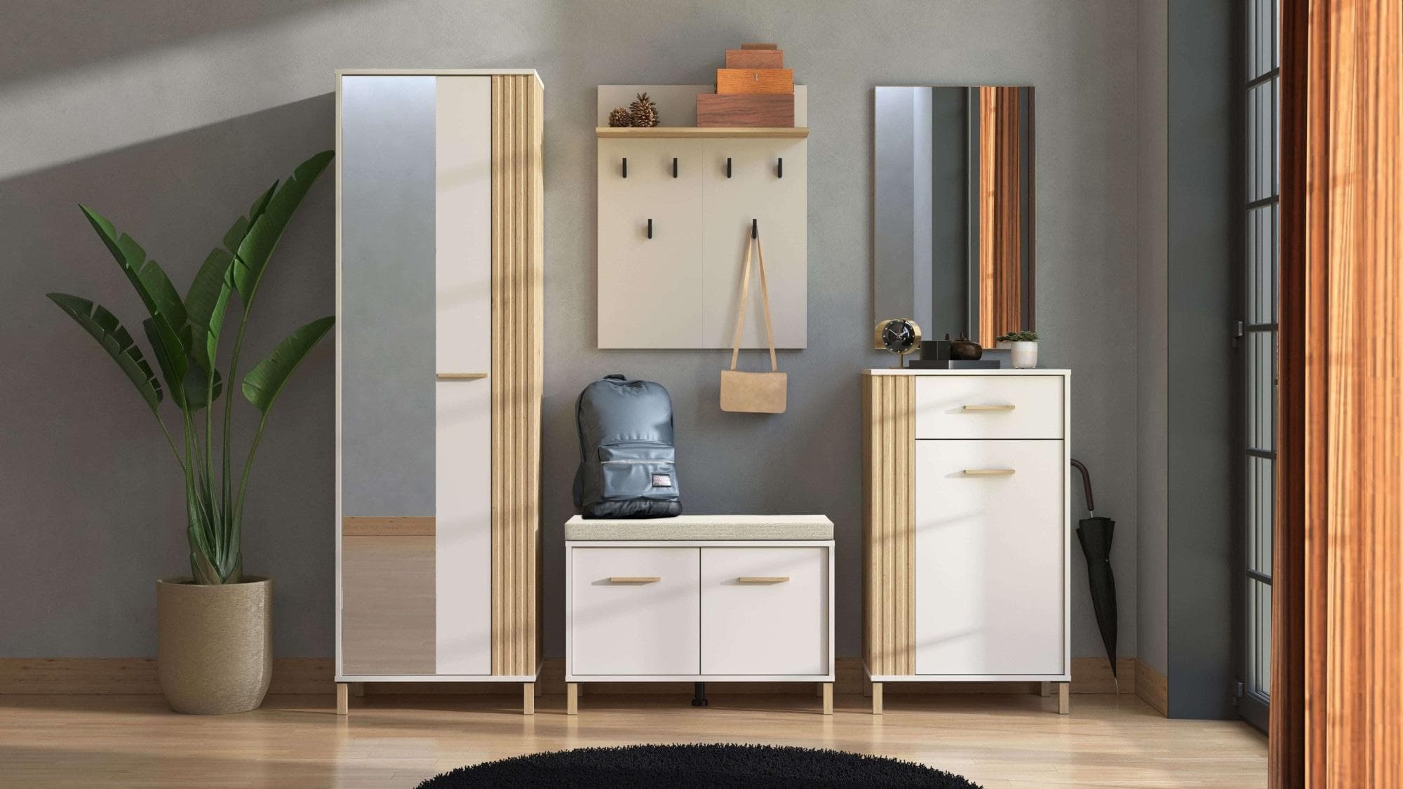HOME AFFAIRE Garderoben-Set Belfort Weiß Beige mit Sitzbank und Spiegel