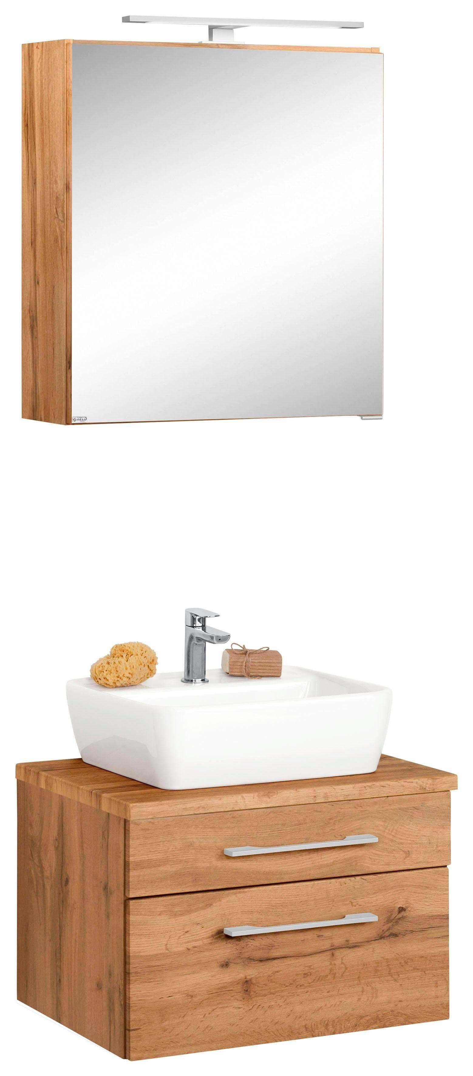 WELLTIME Badmöbel-Set Davos Braun mit Spiegelschrank und Keramikwaschtisch