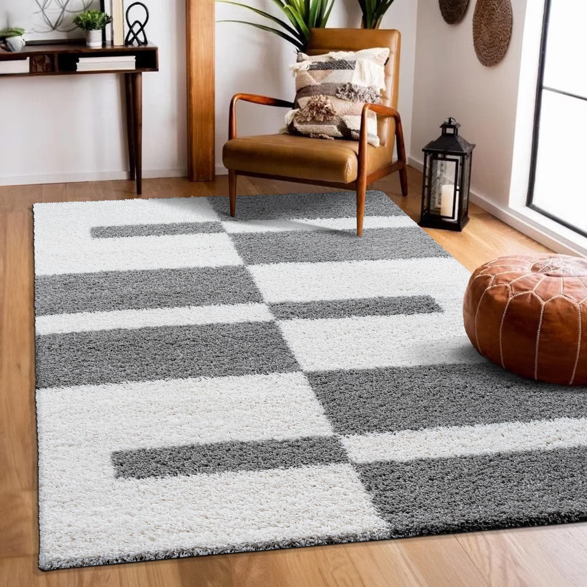 SANAT Hochflor-Teppich Milano 1254 Hellgrau Gestreift