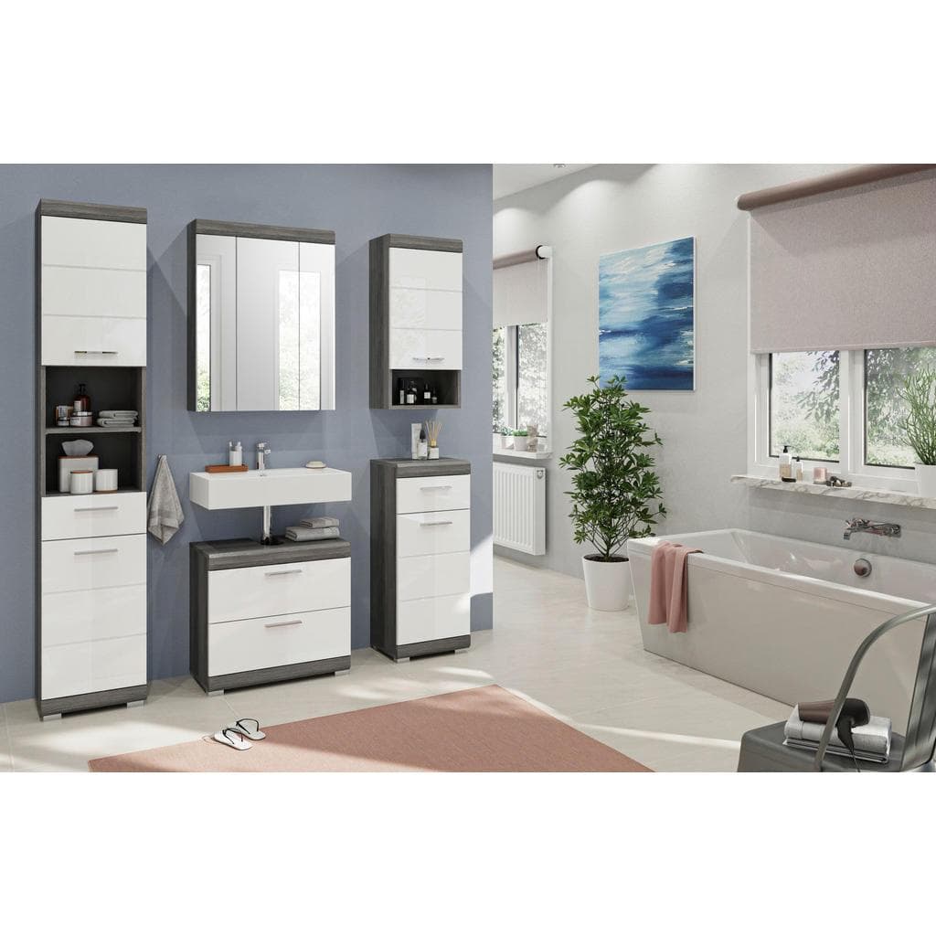 Mid.you Badezimmer Scout Weiß Hochglanz Kunststoff 2-teilig 7 Fächer 60 cm FSC Mix