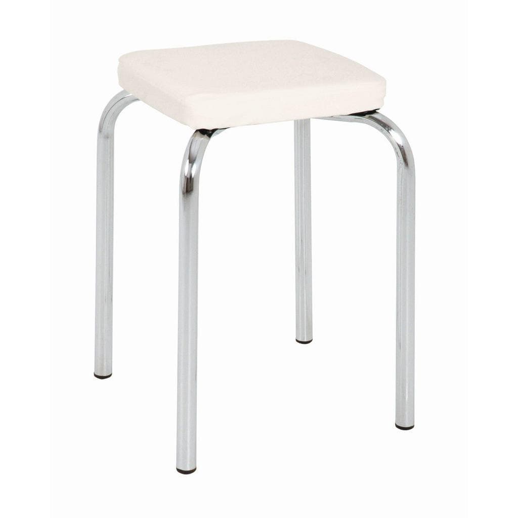 Stapelbarer Sitzhocker mit chromfarbenem Gestell und weißem Kunstleder