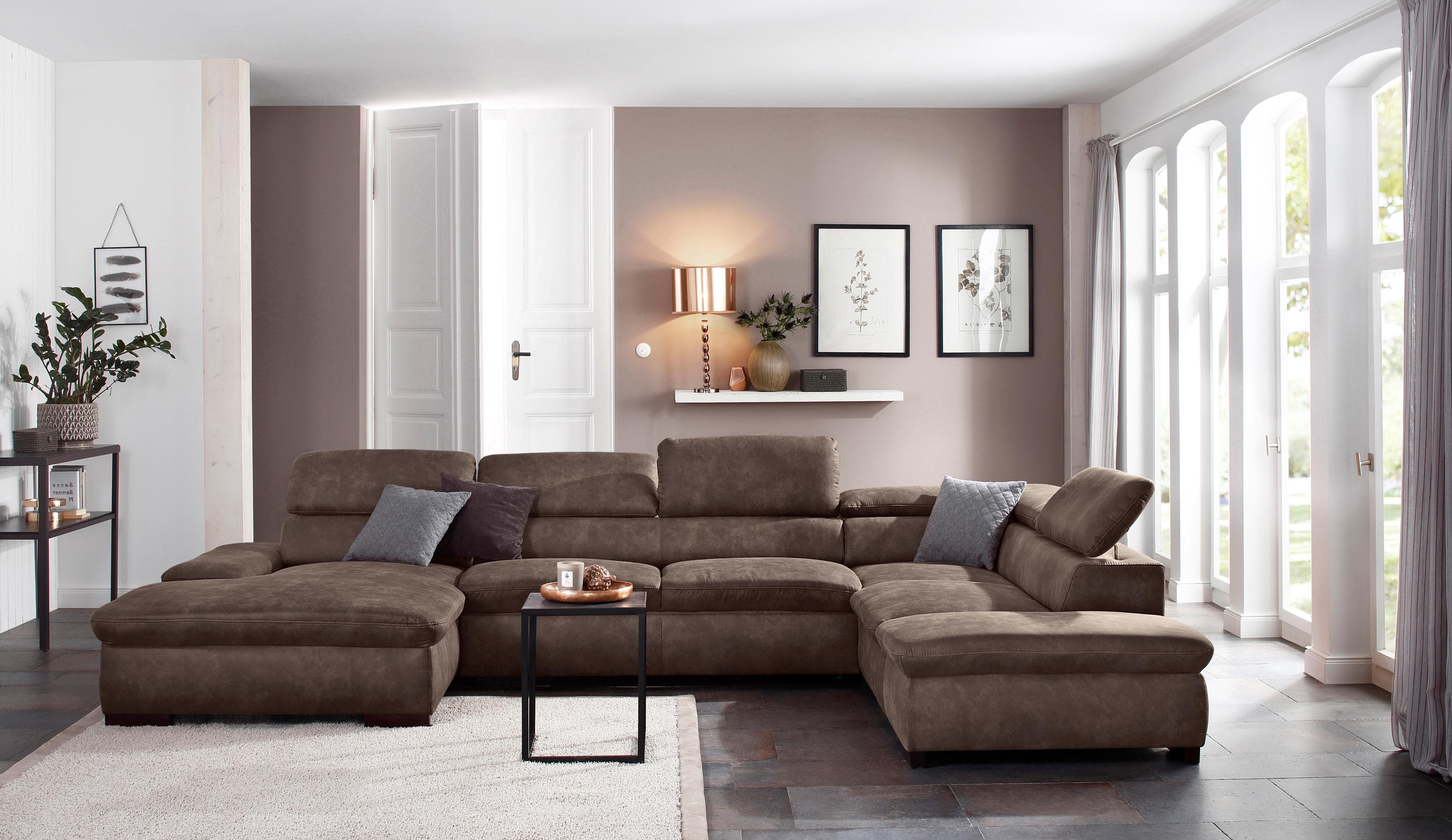 HOME AFFAIRE Wohnlandschaft Alberto U-Form Braun mit Bettfunktion