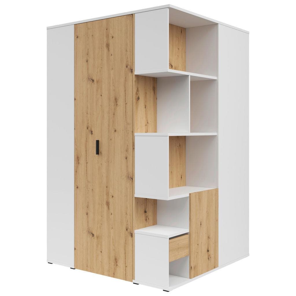 Mid.you Eckkleiderschrank Weiß Eiche Artisan Holzwerkstoff 4 Fächer 3 Schubladen