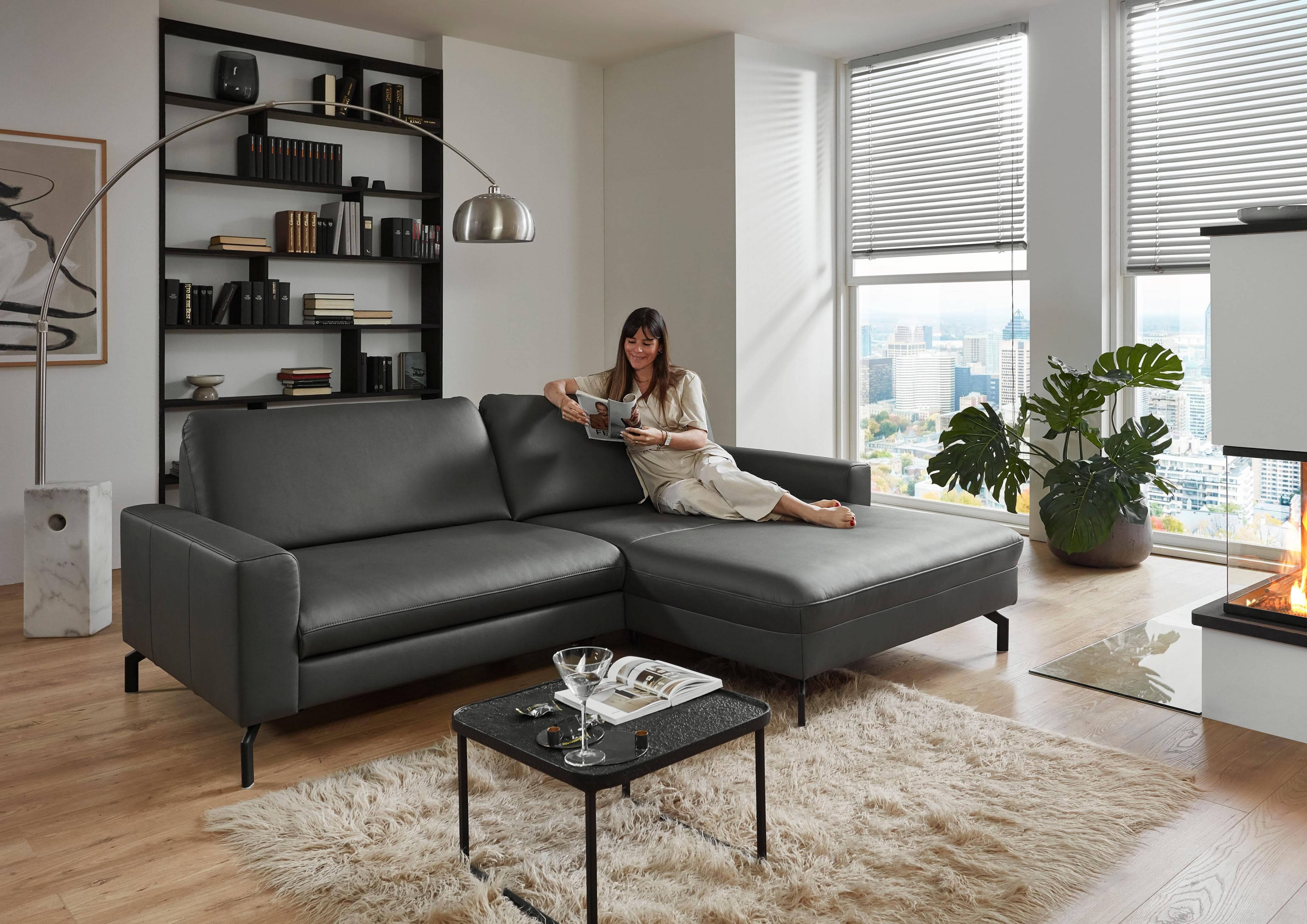 Ecksofa in L-Form, Federkern, Grau (Anthrazit)