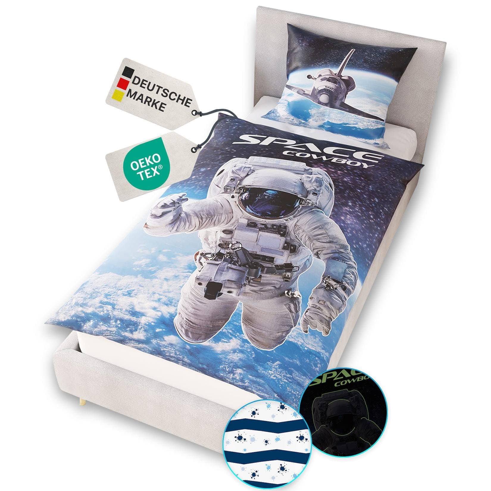 NYVI Kinderbettwäsche Glow in the Dark aus 100% Baumwolle - Vorderseite leuchtend, mit Wendemuster, Reißverschluss, OEKO-TEX 100 Größe:135x200 cm;Farbe:Astronaut
