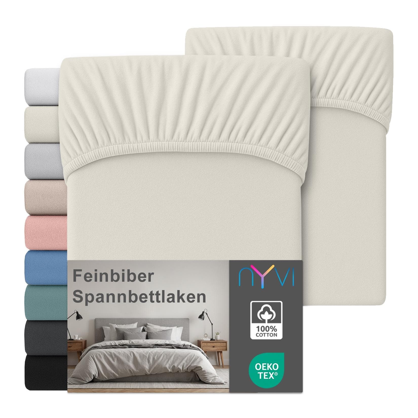 NYVI Feinbiber Spannbettlaken Deluxe 100% Baumwolle Bügelfrei Vorgekrumpft Creme 180x200 cm (2er Set)