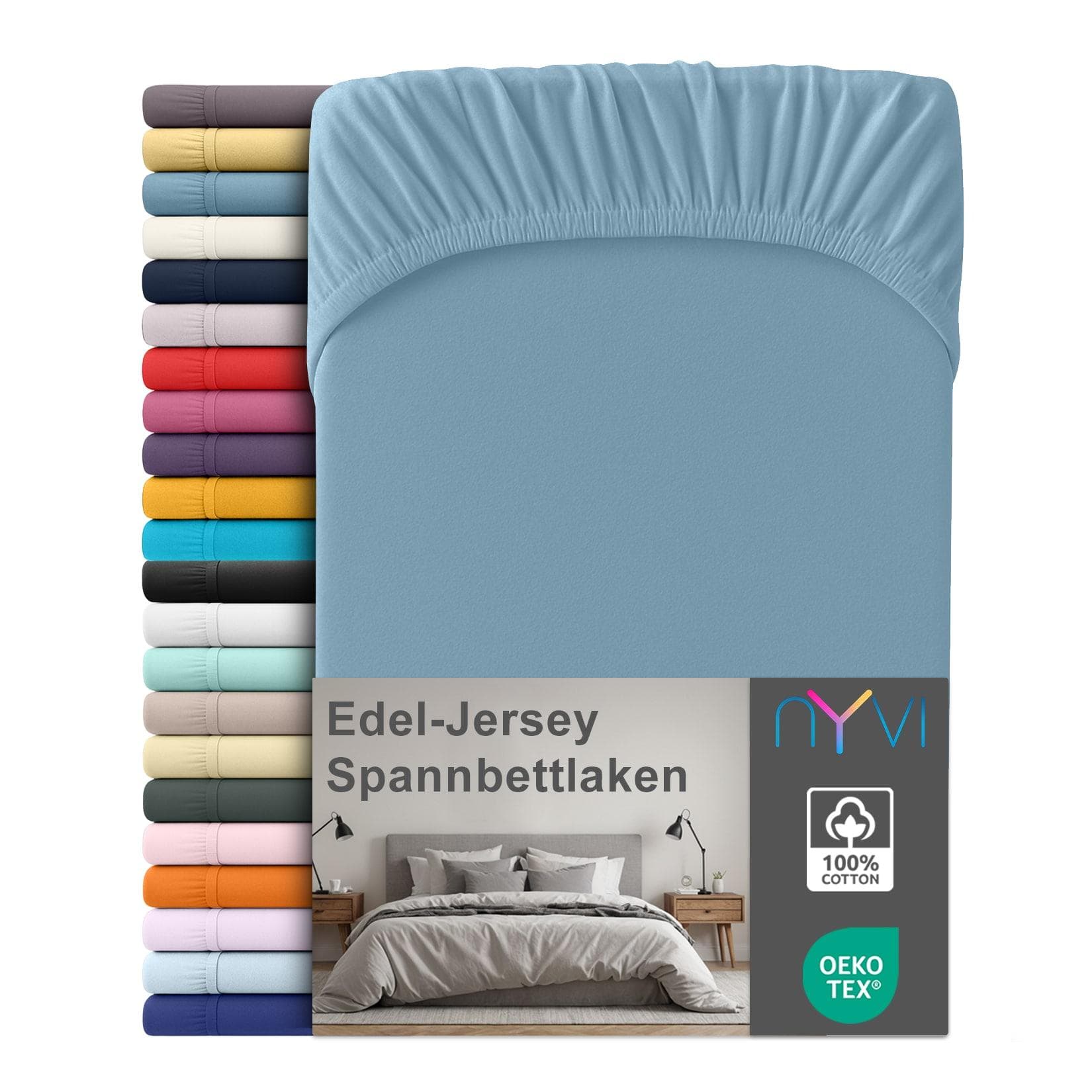 NYVI Edel Jersey Spannbettlaken Deluxe 100% Baumwolle Stahlblau