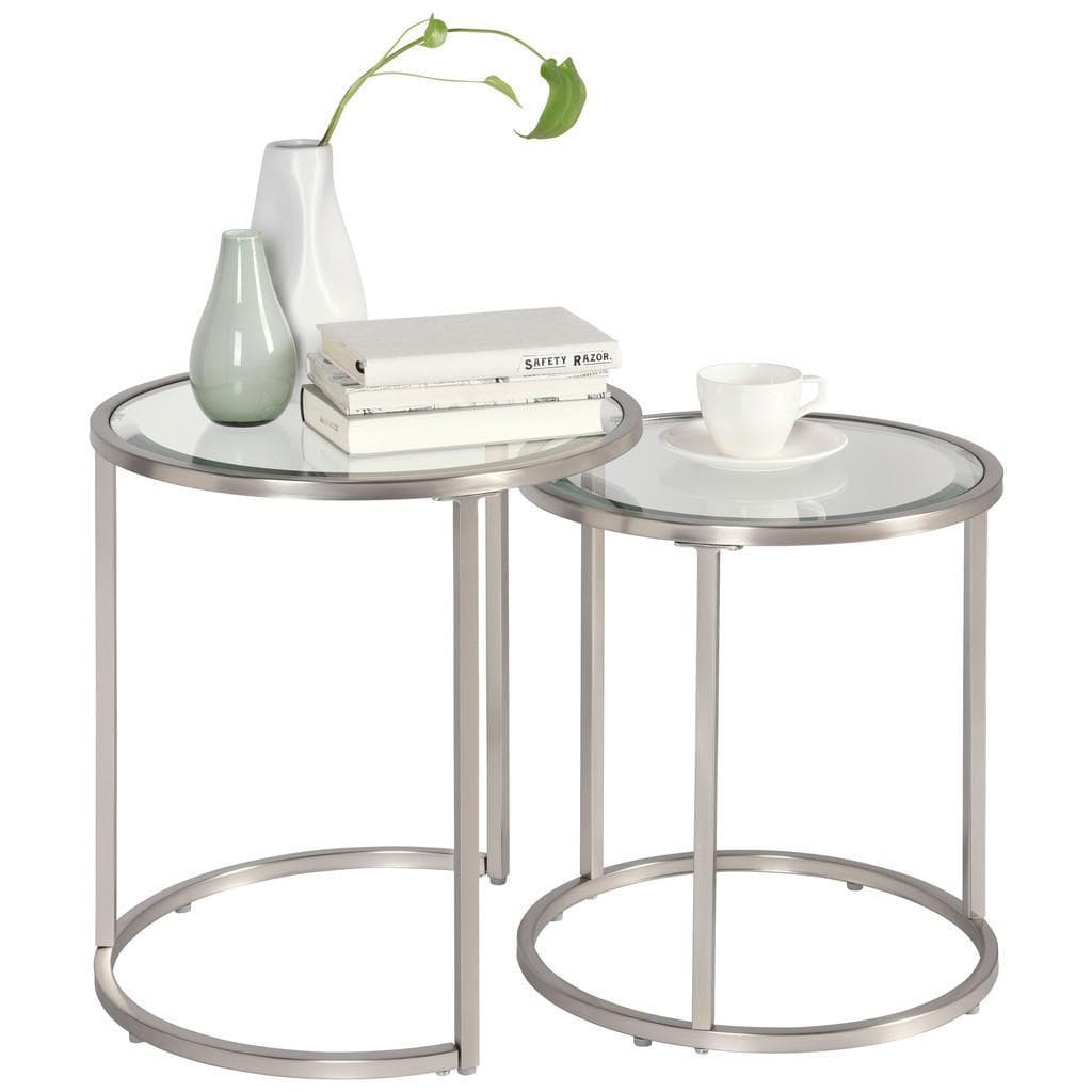 Xora Satztisch Silber Metall Glas 2-teilig Rund Flachrohr