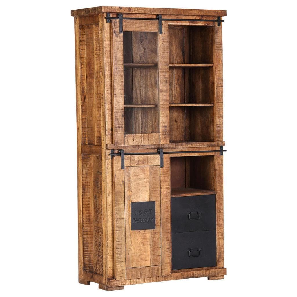 Landscape Vitrine Massivholz Braun Metall 4 Fächer 2 Schubladen