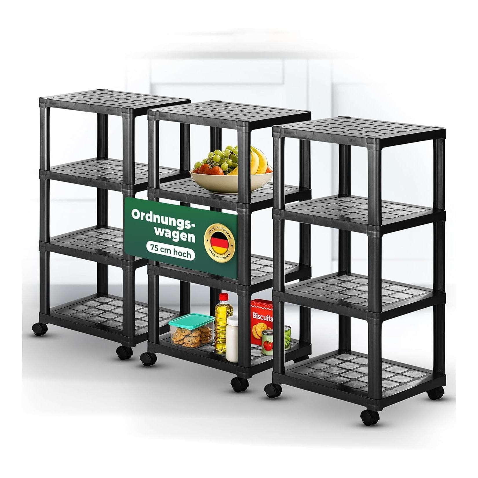 Novaliv 3er-Set Rollwagen mit 4 Etagen Schwarz Badezimmer-Regal Badregal Bad Küche Ordnungswagen Beistellwagen Allzweckwagen Putzwagen Ordnungswagen Schrank Bastelwagen Aufbewahrung Organizer