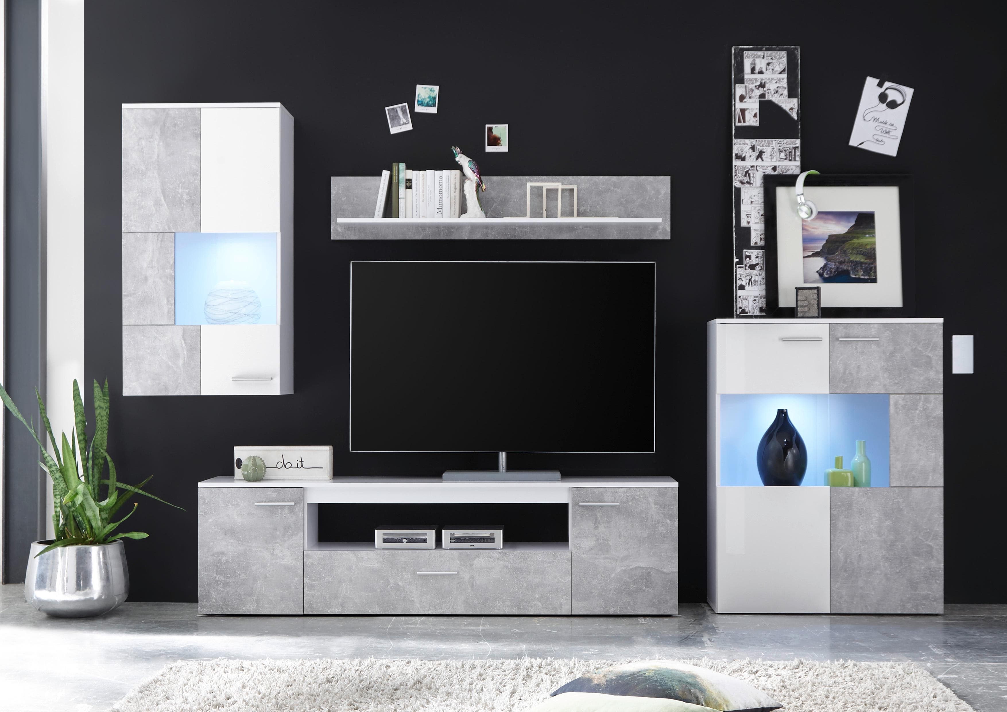 HBZ Vulcan Wohnwand Set Weiß-Beton mit LED-Beleuchtung