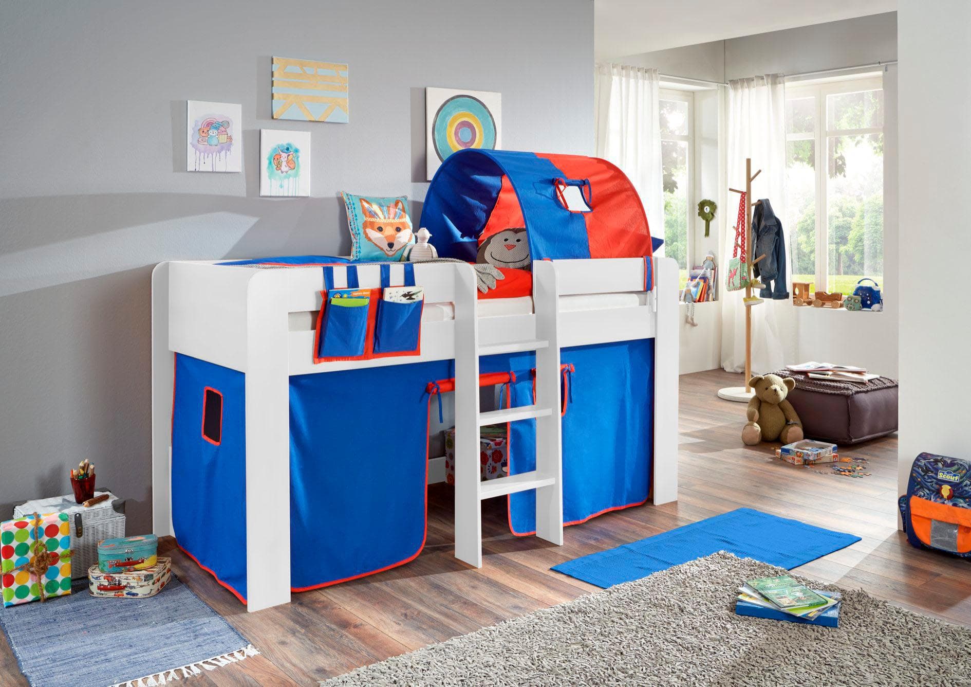 Hochbett RELITA "Andi" Blau mit Rollrost und Textil-Set
