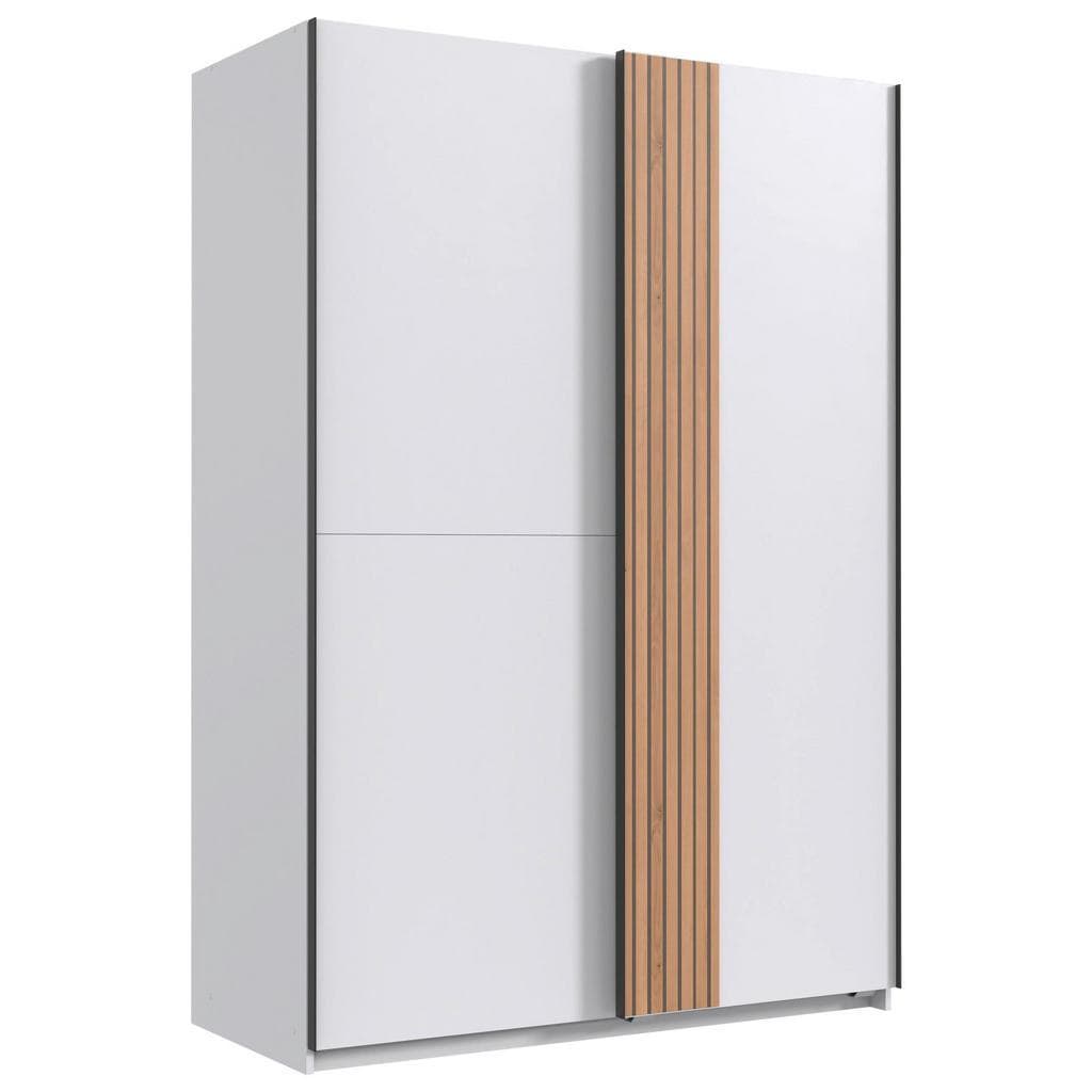 Schwebetürenschrank mit Akustikpaneel-Optik in Weiß und Lamellen Artisan Dekor