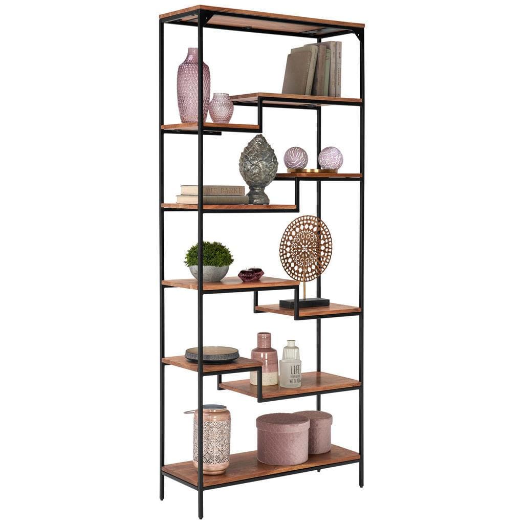 Landscape Regal Schwarz Akazie Massiv Holz 10 Fächer 80x190x30 cm Wohnzimmer Bücherregal