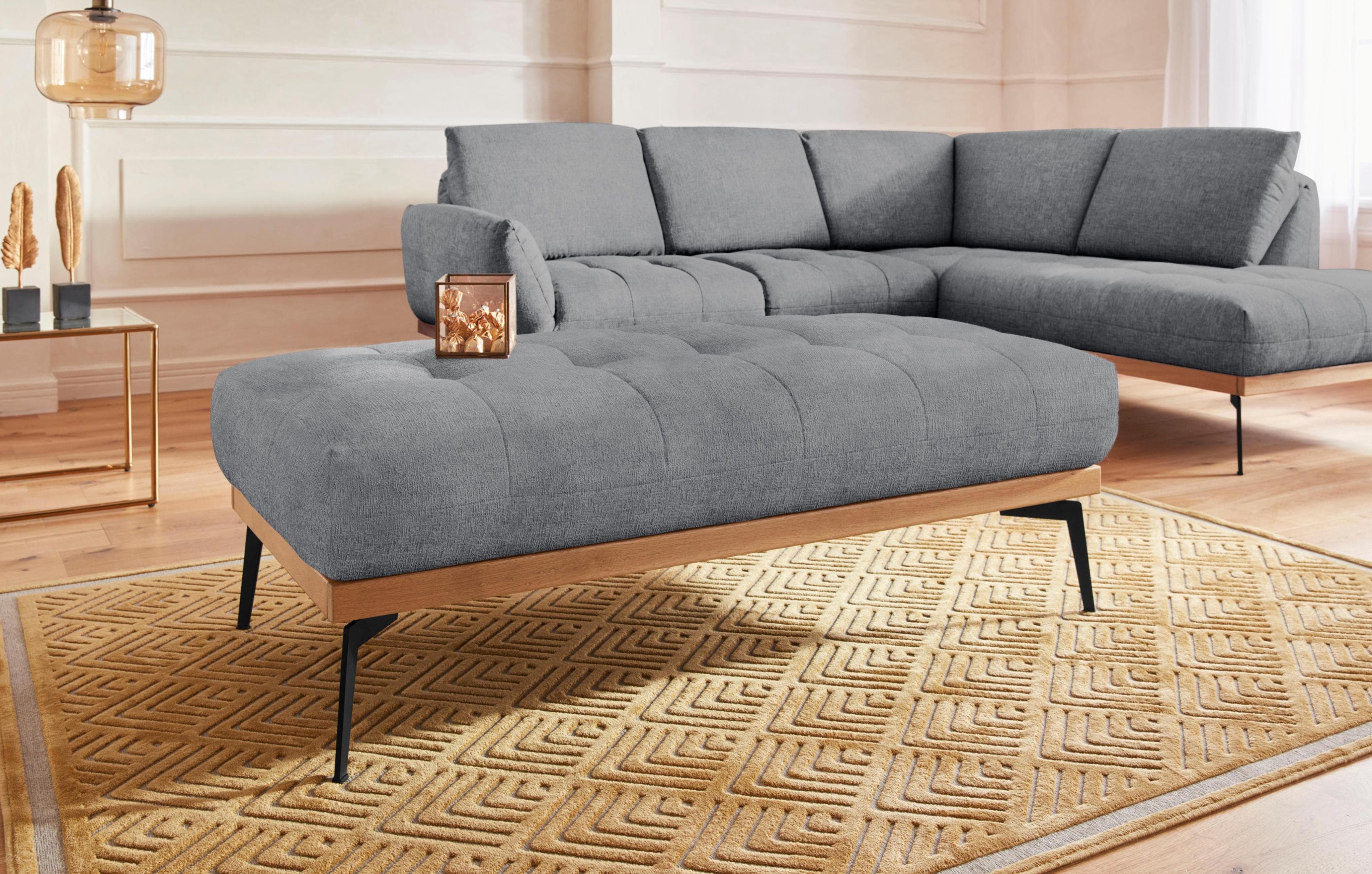 Polsterhocker aus Eiche und Velours, modern, elegant