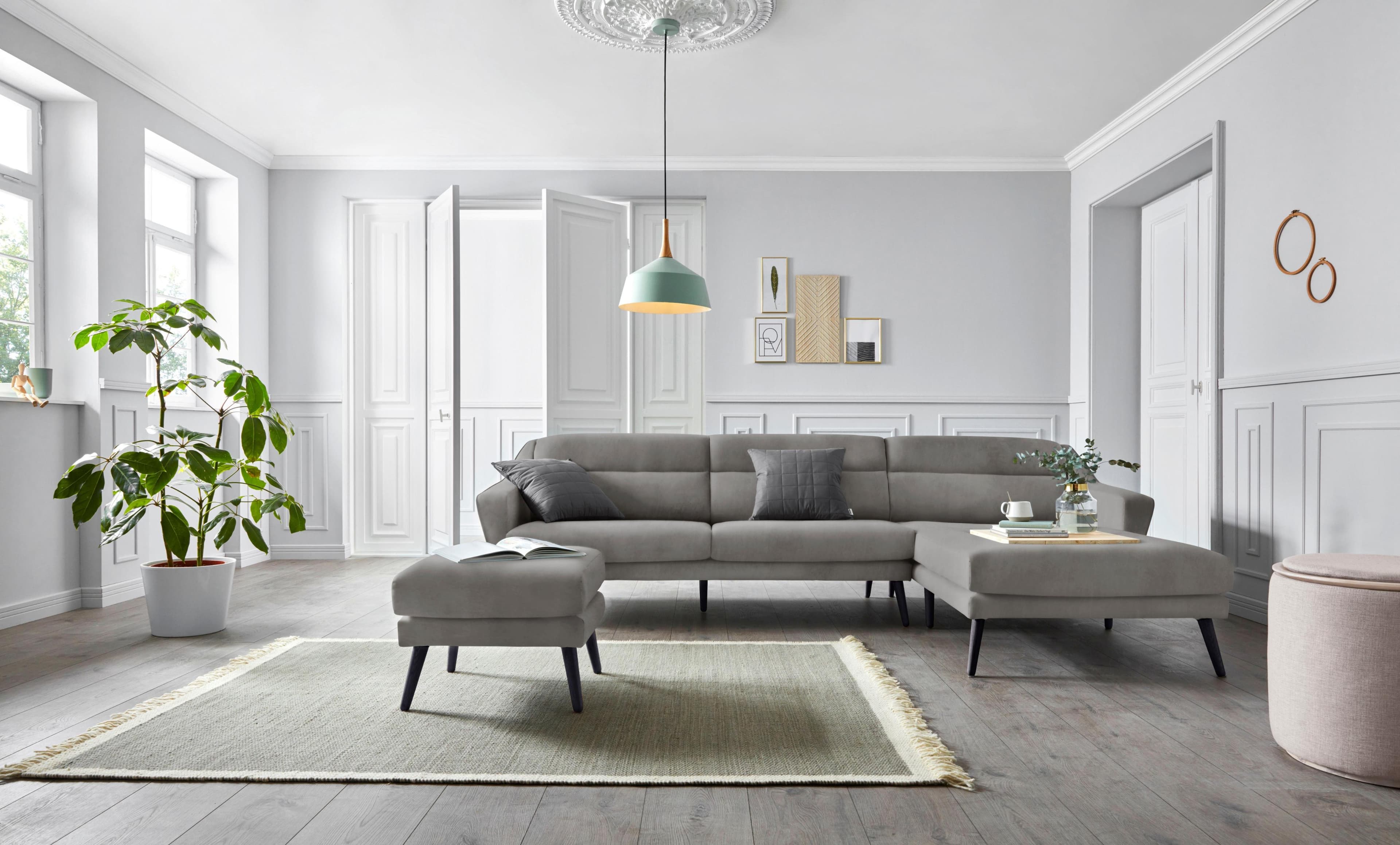 OTTO HOME Ecksofa Bille L-Form Grau Samtoptik mit Eichenholz-Füßen