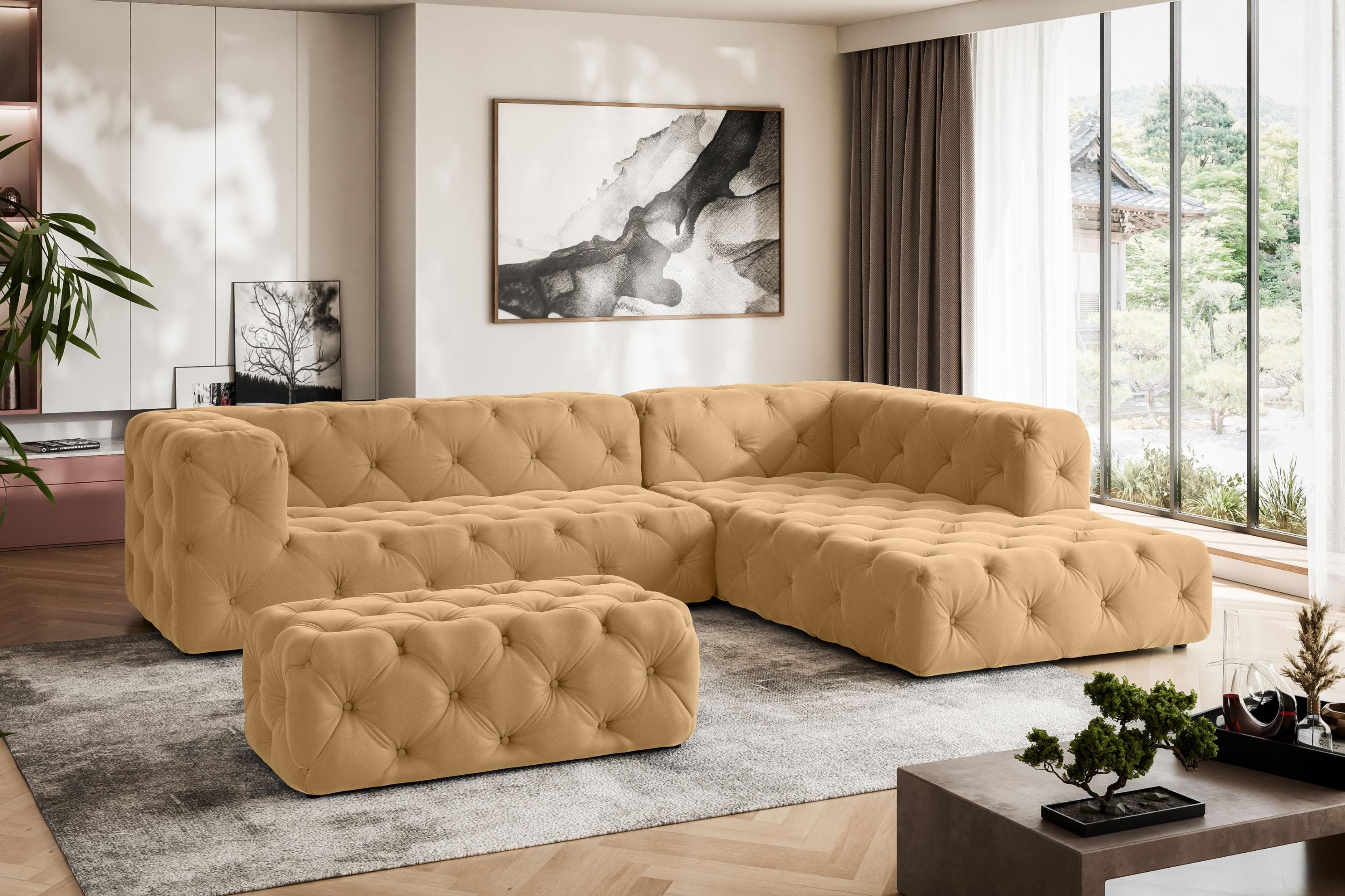 HOME AFFAIRE Ecksofa FOLLINA Gold mit Ottomane Chesterfield