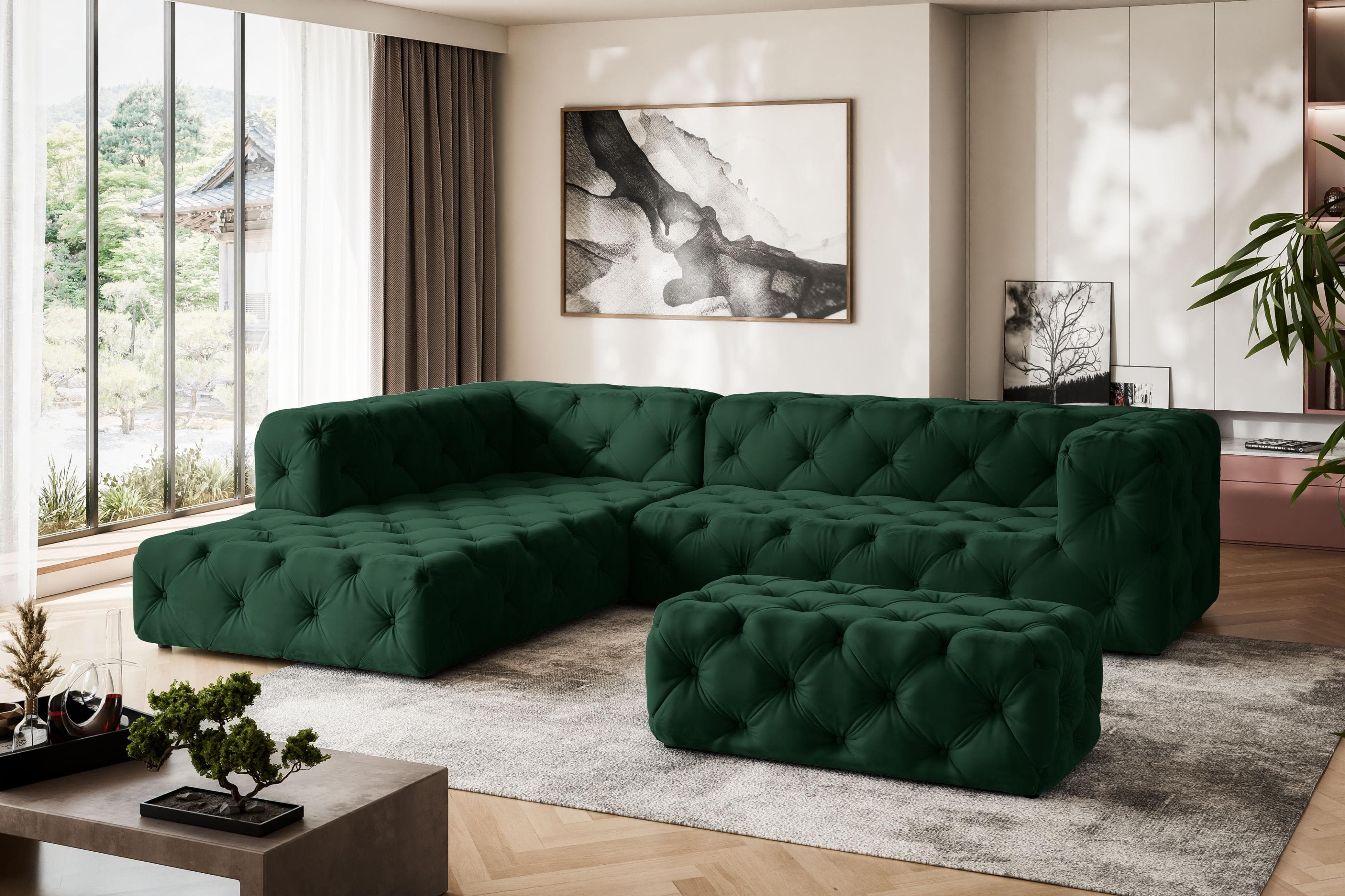 HOME AFFAIRE Ecksofa FOLLINA Dunkelgrün L-Form mit Ottomane Chesterfield