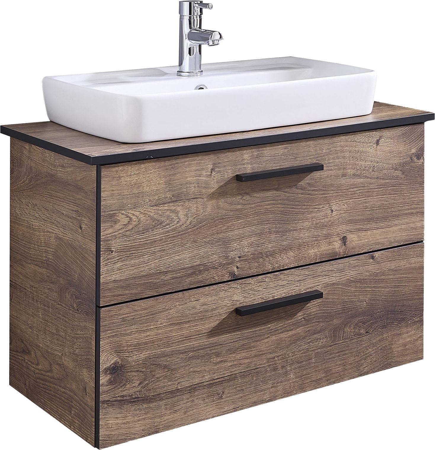 Badmöbel-Set SAPHIR "Quickset 374" Keramik-Aufsatzwaschtisch mit Unterschrank, 73 cm breit, Eiche Ribbeck quer Nachbildung