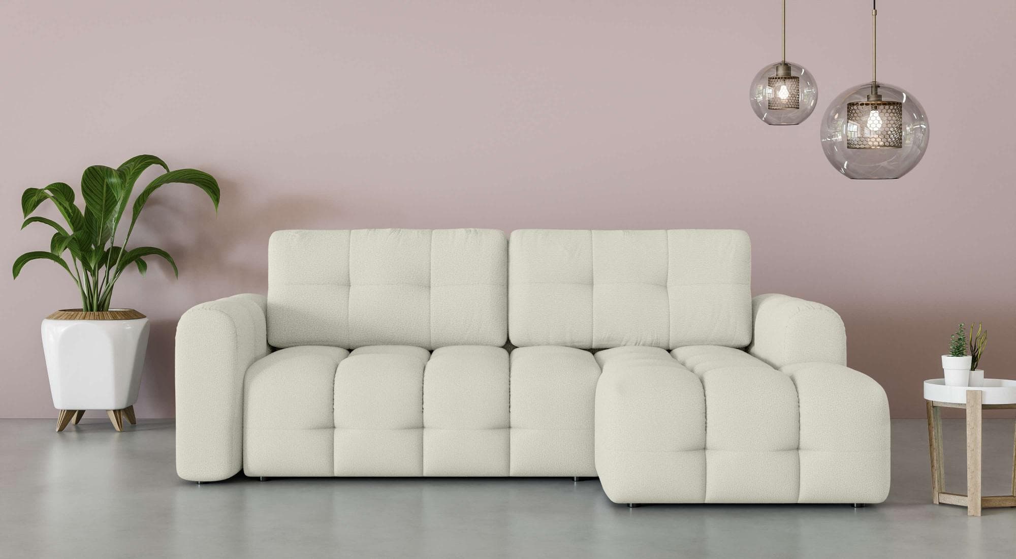 Ecksofa in beige und creme, L-Form mit Recamiere