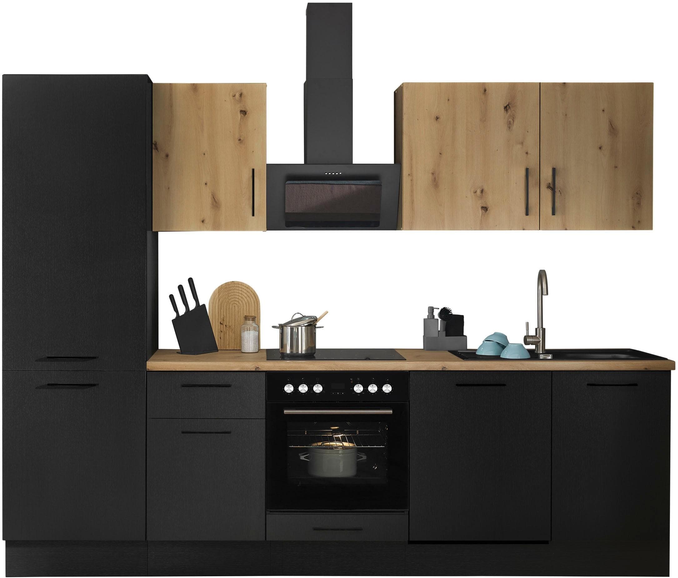 Küchenzeile BASIC BY BALCULINA "Turin" Schwarz mit Artisan Eichefarben Arbeitsplatte