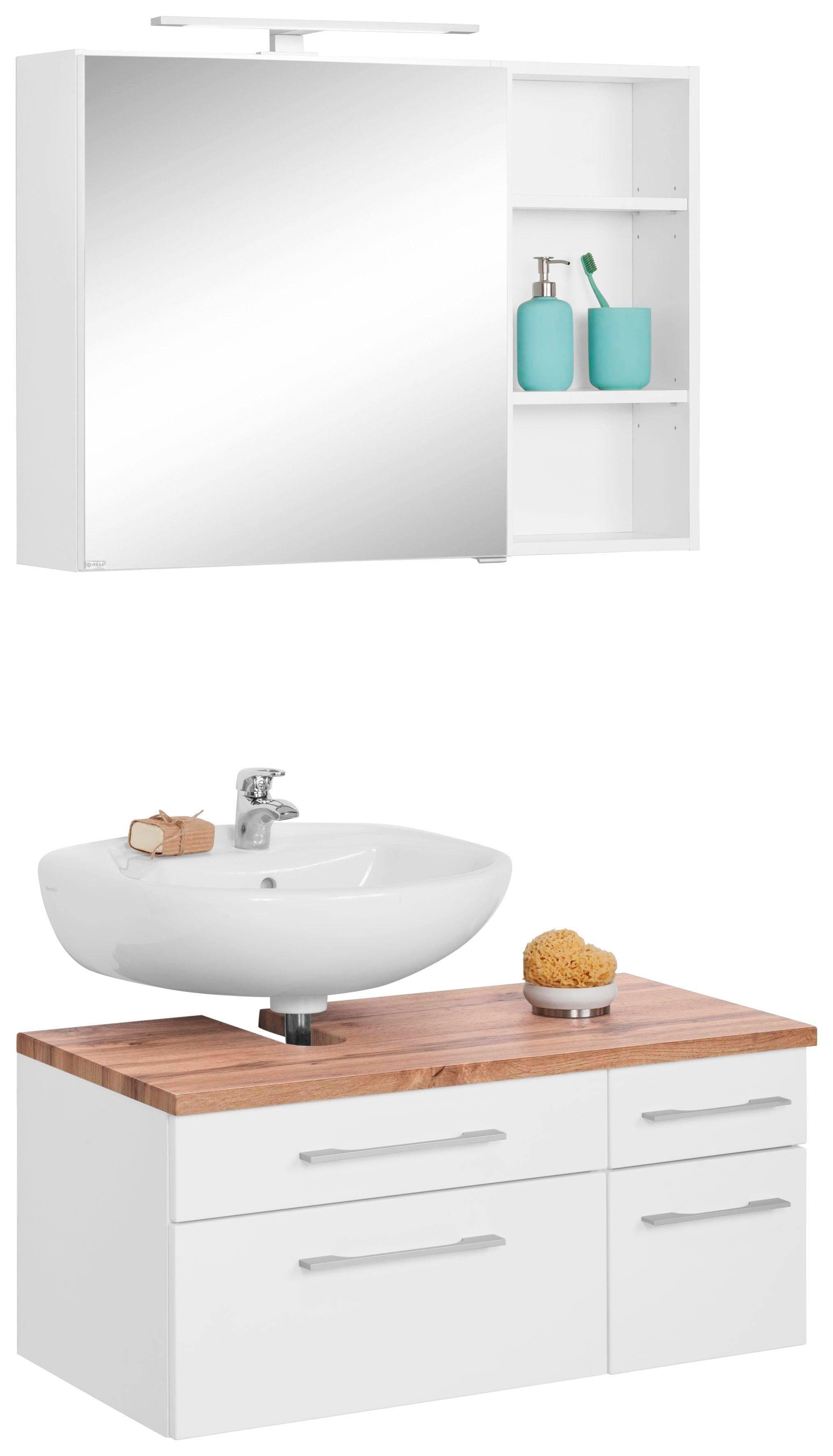 WELLTIME Badmöbel-Set Davos Weiß mit Spiegelschrank und LED