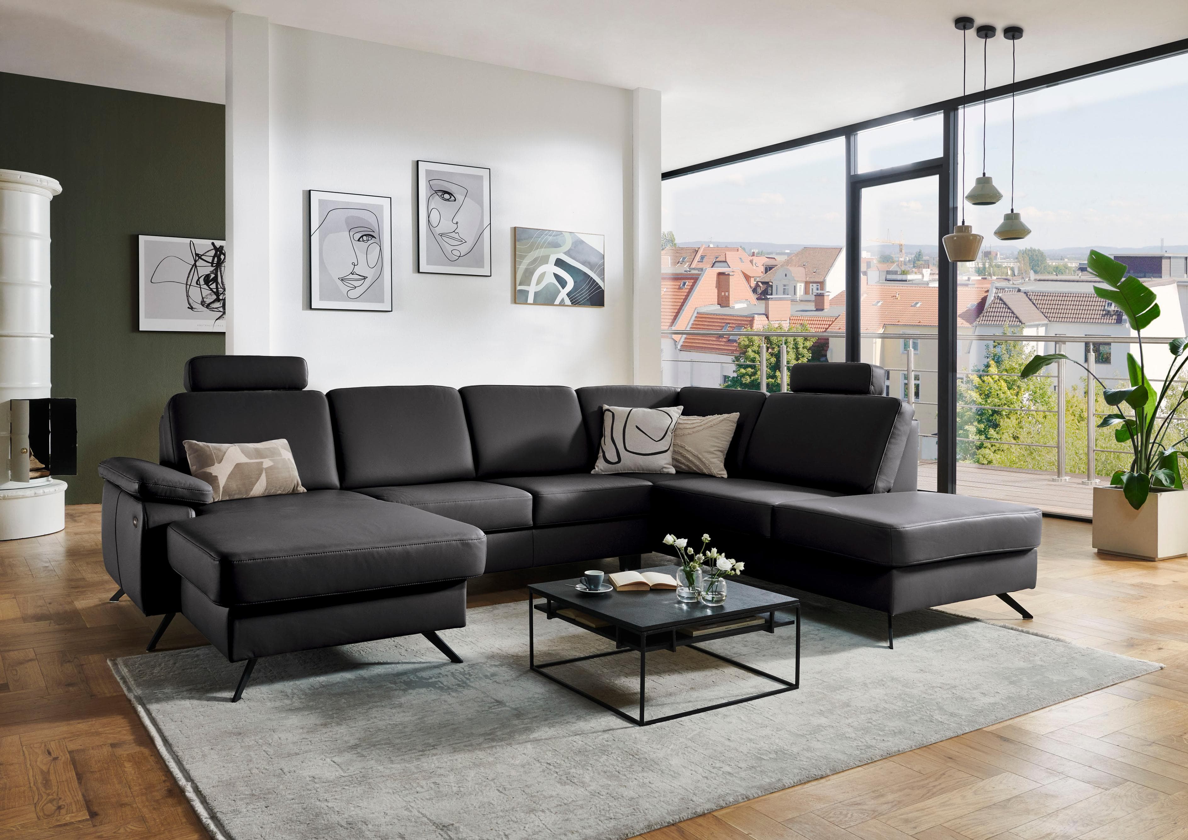 Wohnlandschaft U-Form Echtleder Schwarz